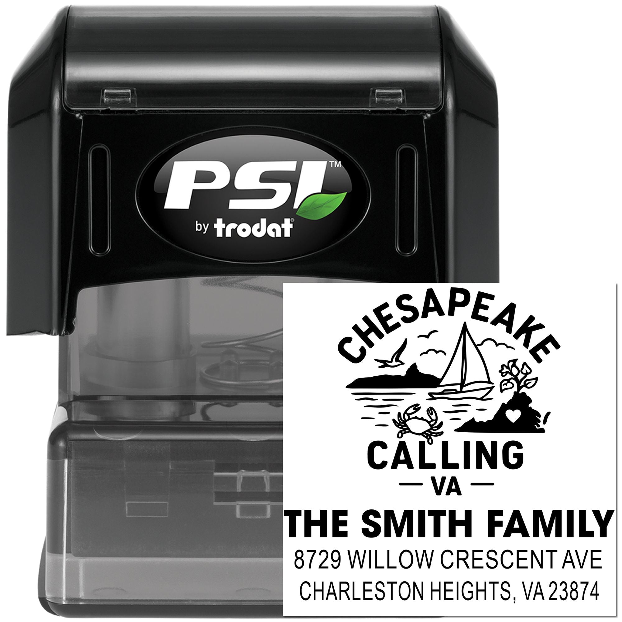 PSI by Trodat self-inking custom address stamp with Chesapeake Calling design and The Smith Family address on a black stamp case.