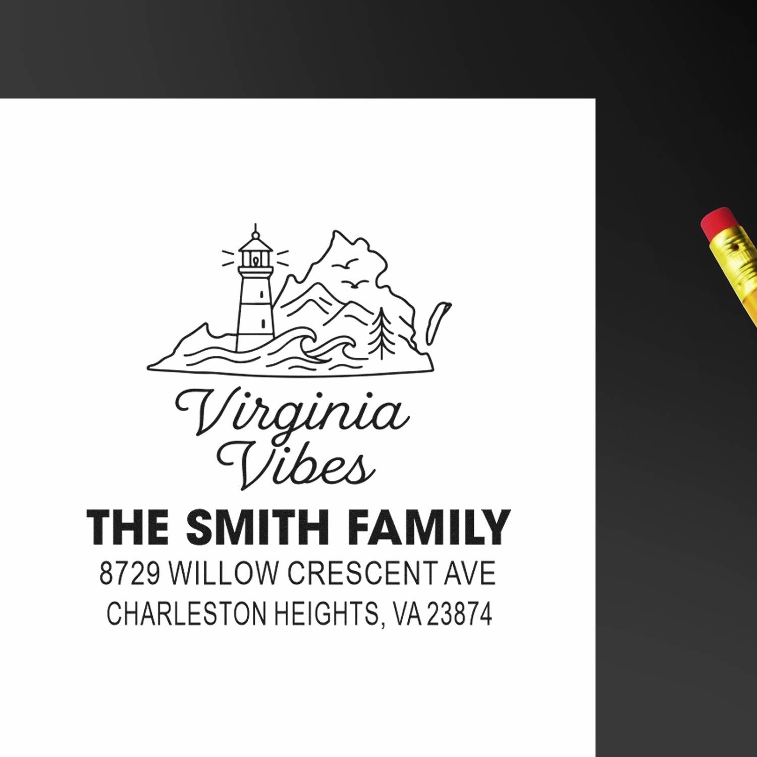Custom Virginia address stamp with lighthouse and mountain logo, featuring The Smith Family and Charleston Heights, VA 23874.