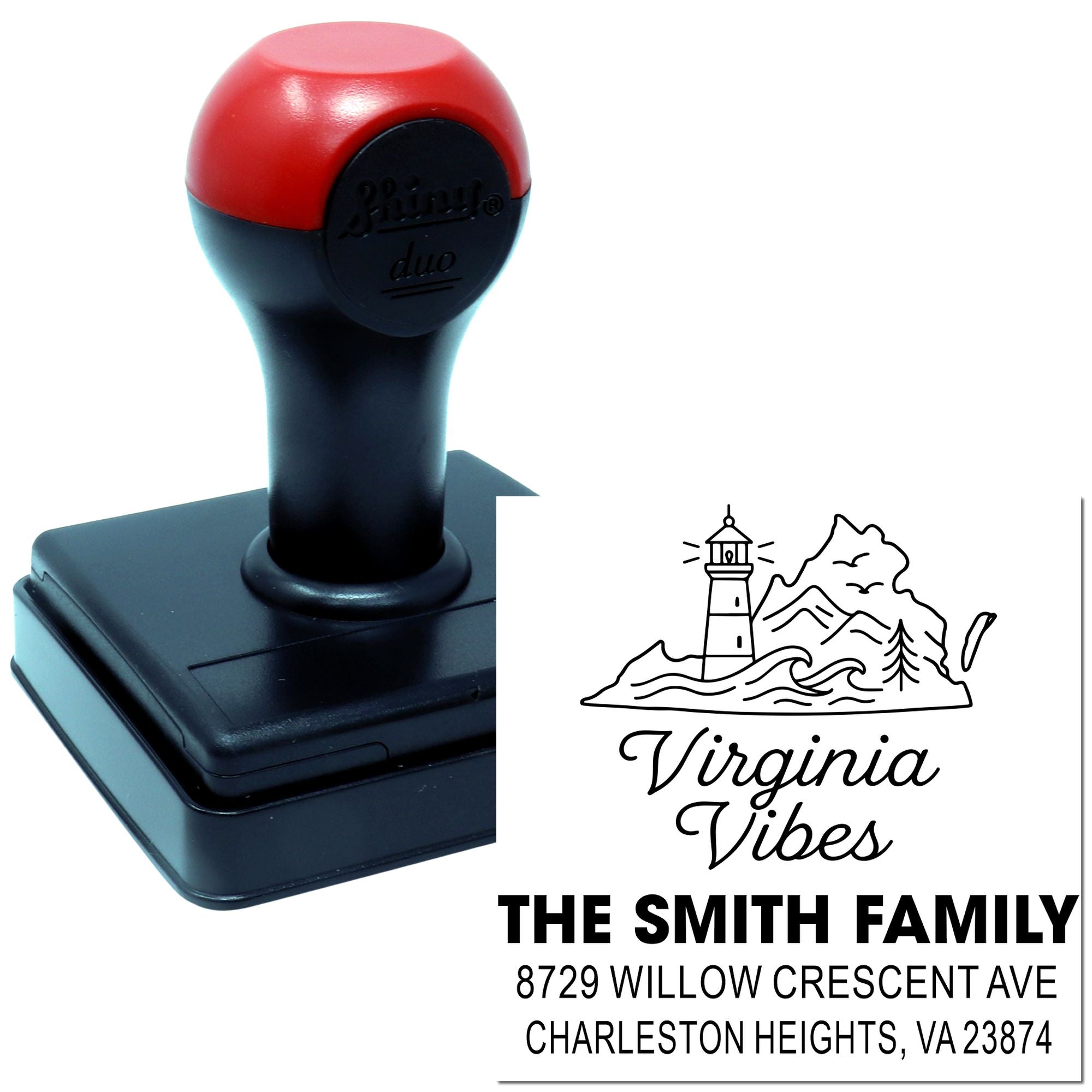 Custom self-inking address stamp with Virginia Vibes lighthouse design, The Smith Family name, and Charleston Heights, VA return address on white background.