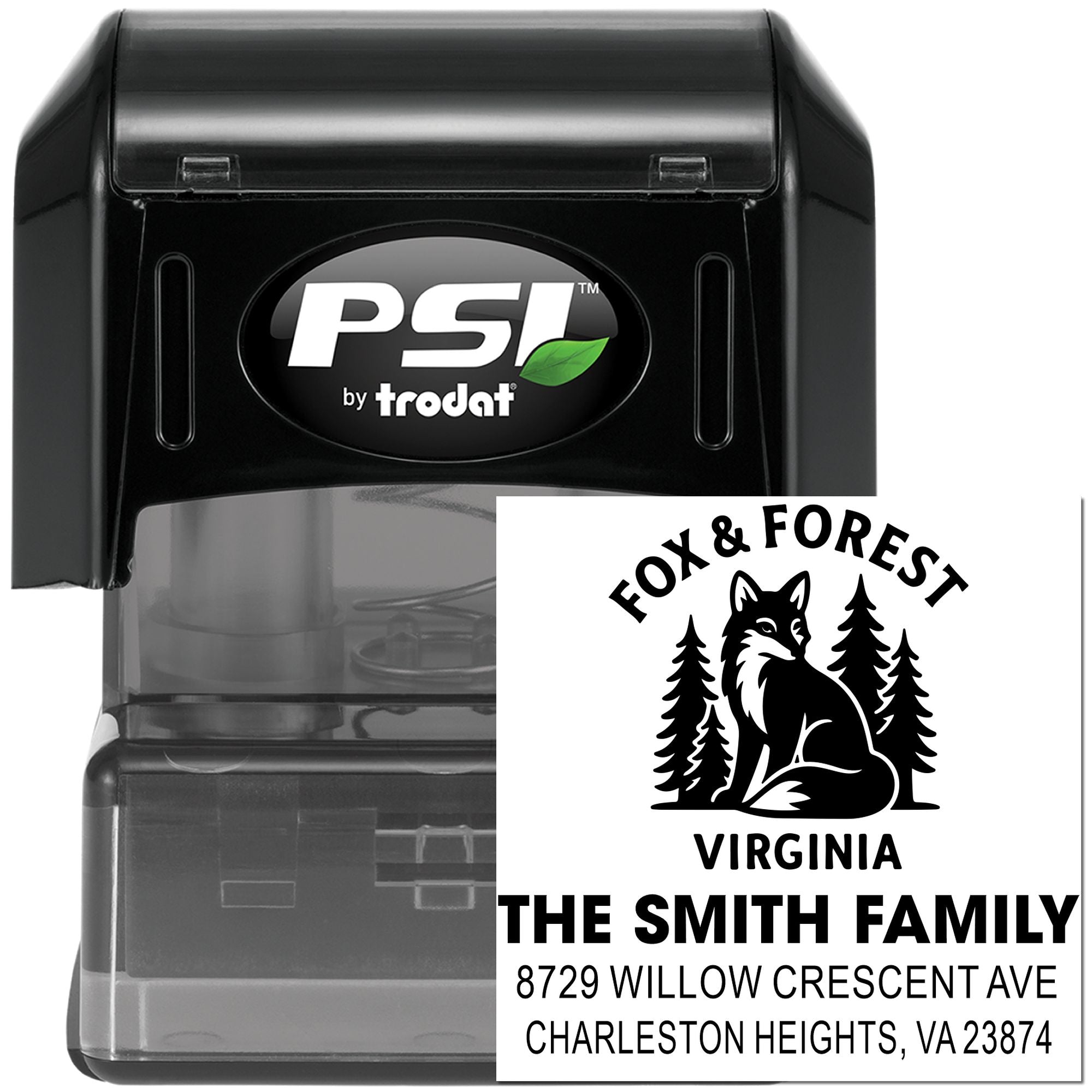 PSI by trodat self-inking return address stamp with fox and forest Virginia design, The Smith Family address, on white background.