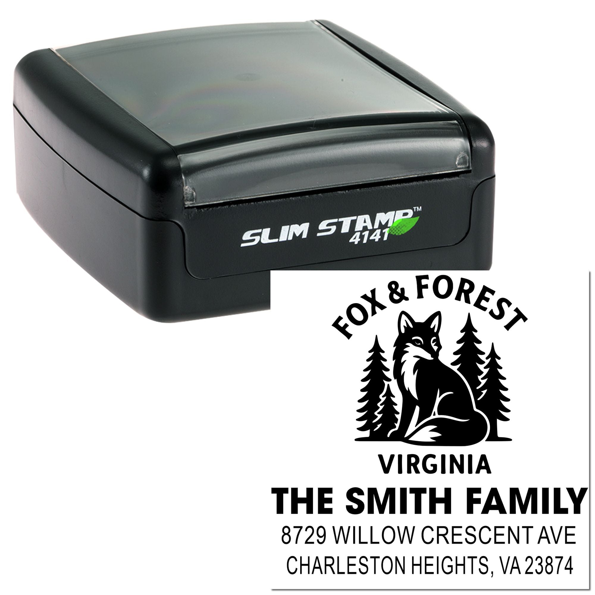 Custom self-inking address stamp with Fox & Forest Virginia wolf logo, The Smith Family name, and return address imprint on white background.
