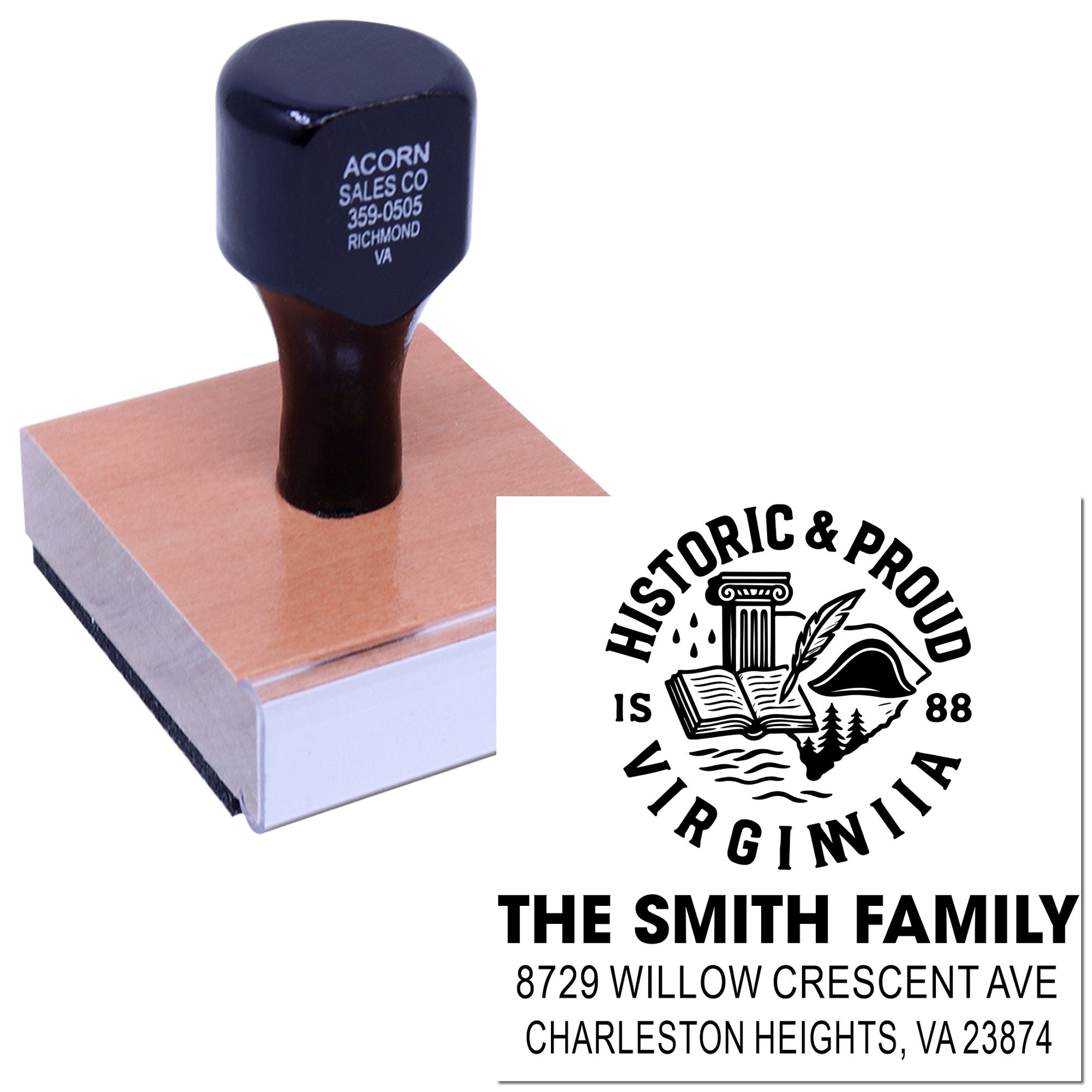Custom rubber address stamp on wooden block, displayed on white background with historic Proud Virginia family return-address design.
