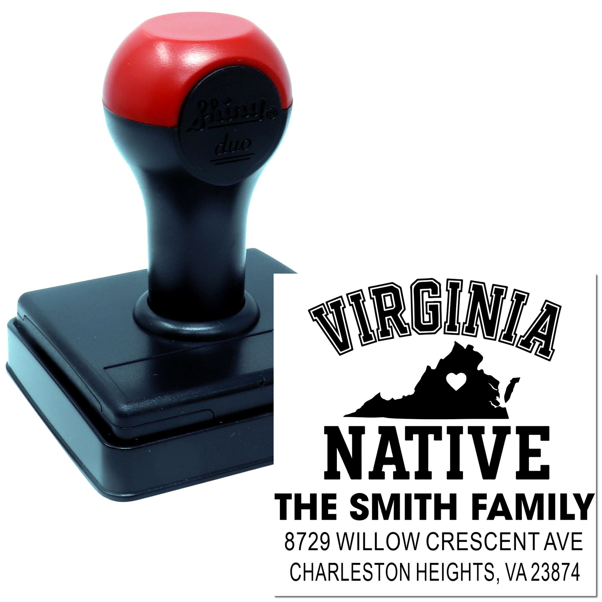 Custom self-inking stamp with Virginia Native return address design, showing black and red stamp handle and imprint sample for The Smith Family on white background.