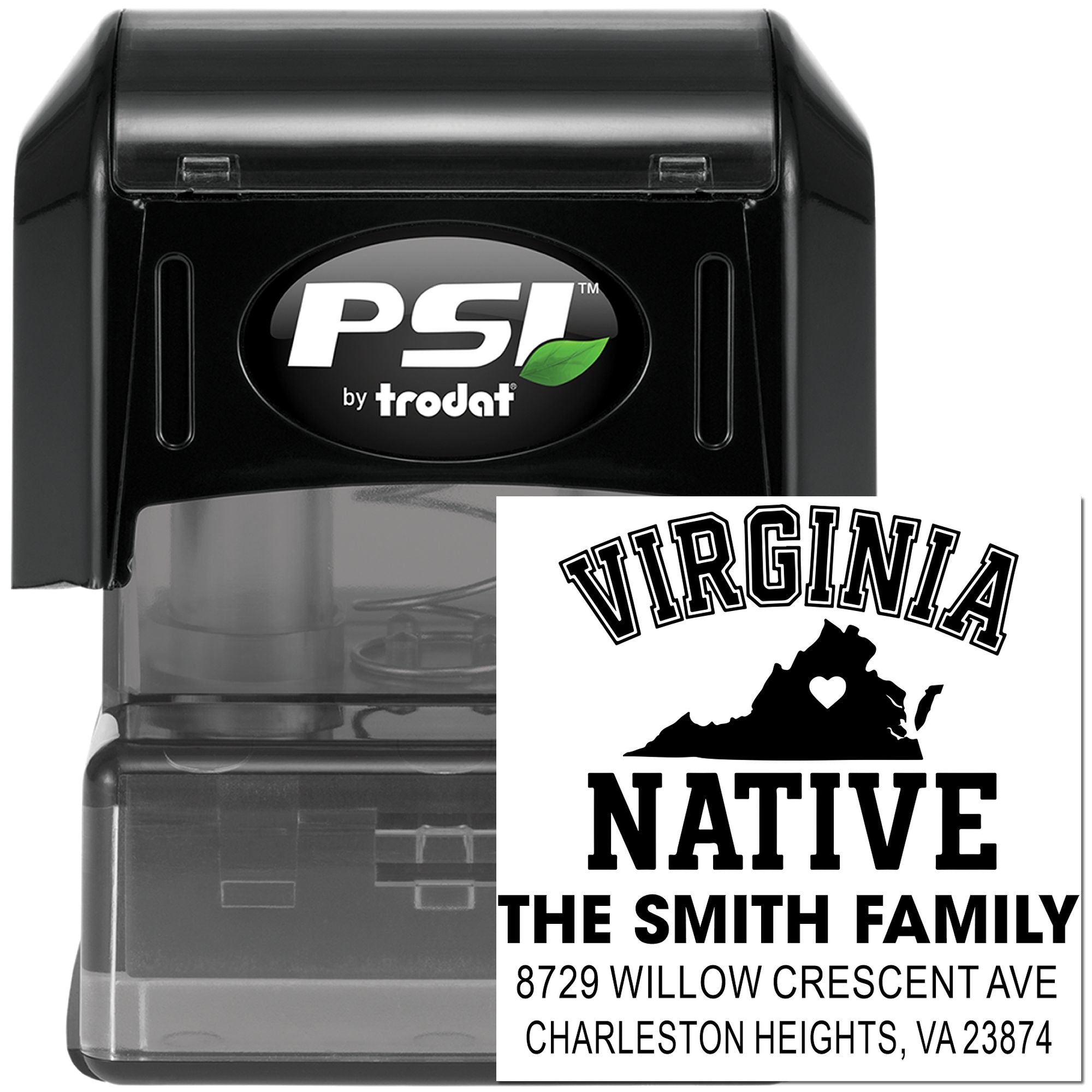 PSI by Trodat self-inking stamp with Virginia Native custom return address design, featuring state silhouette, family name, and street address.