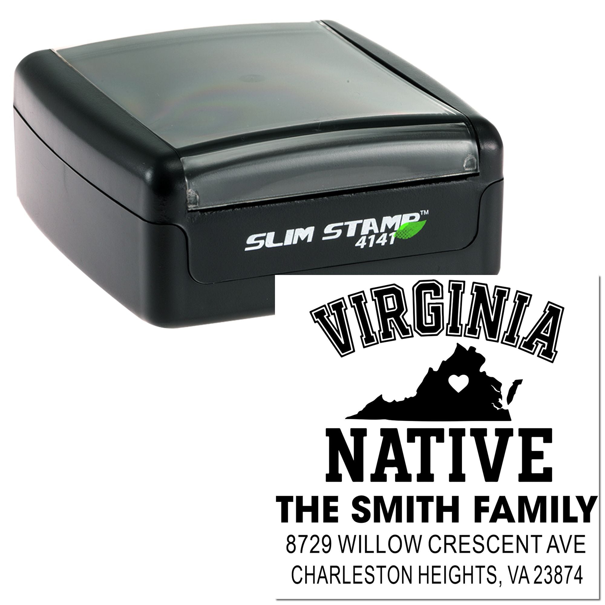 Custom slim self-inking stamp with Virginia address design, family name, state silhouette, and mailing address on a white background.