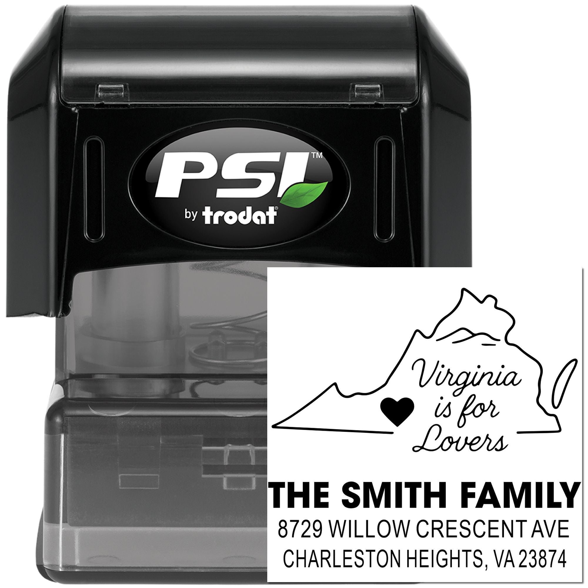 Black PSI by Trodat self-inking stamp beside custom Virginia is for Lovers address stamp design on white background.