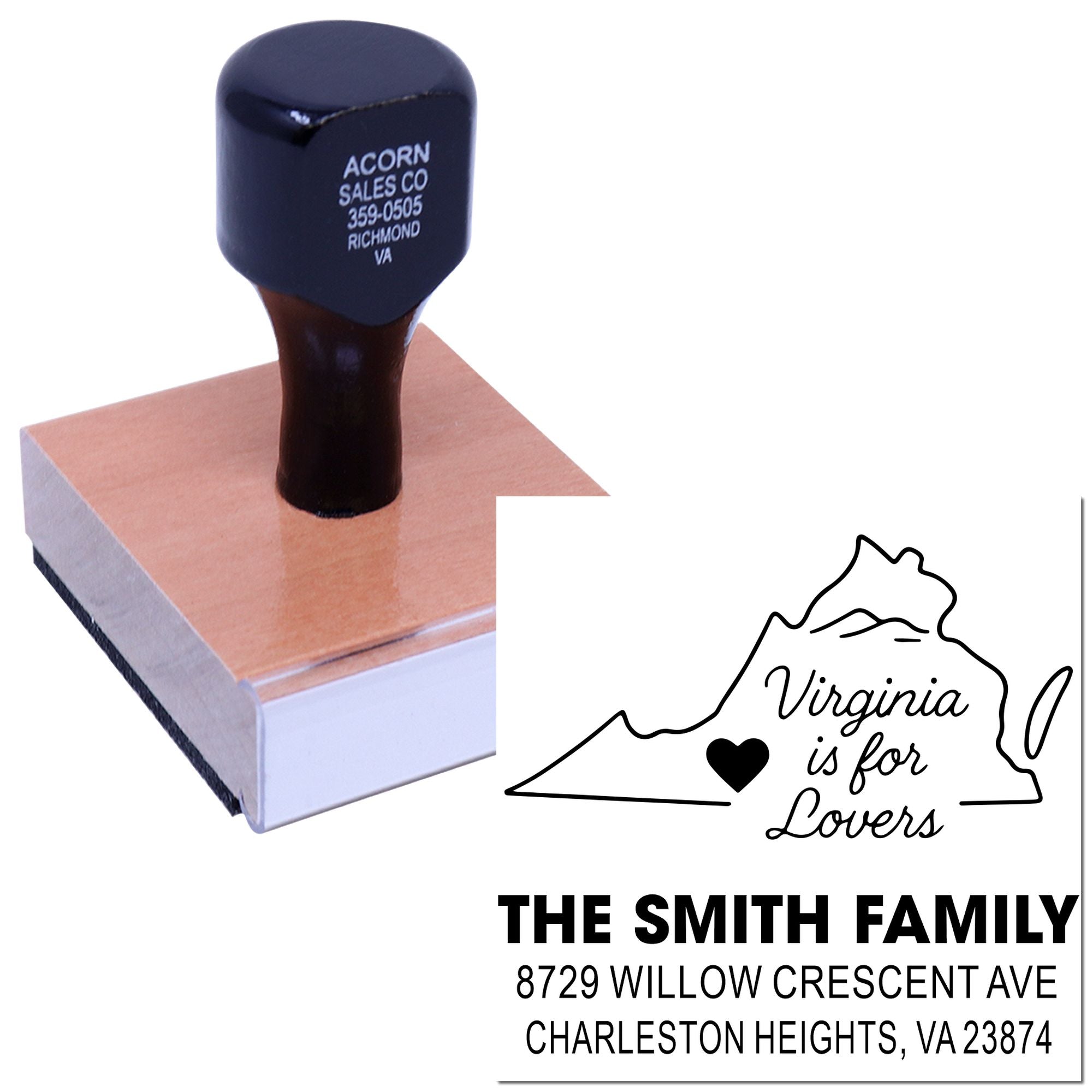 Custom rubber stamp on a wooden block with Virginia is for Lovers design and Smith family address, displayed on a white background.