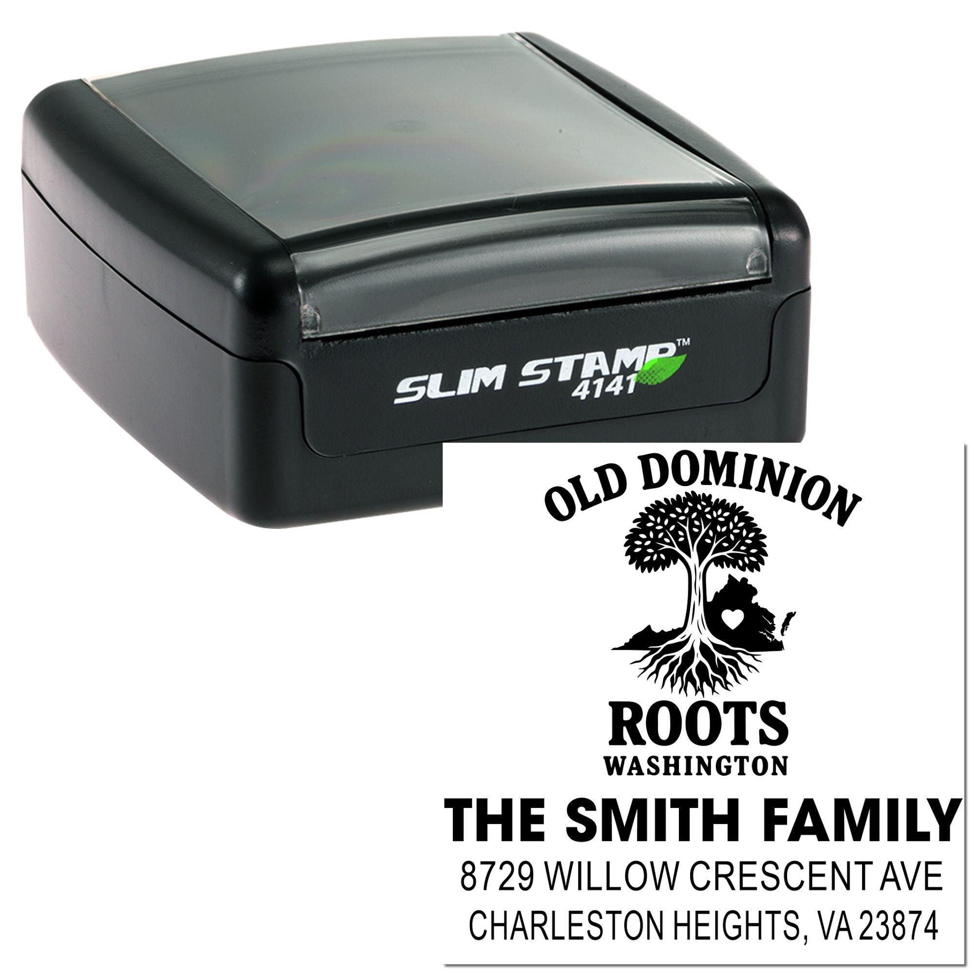 Slim self-inking custom address stamp with Old Dominion Roots Washington logo and The Smith Family return address on a white background.