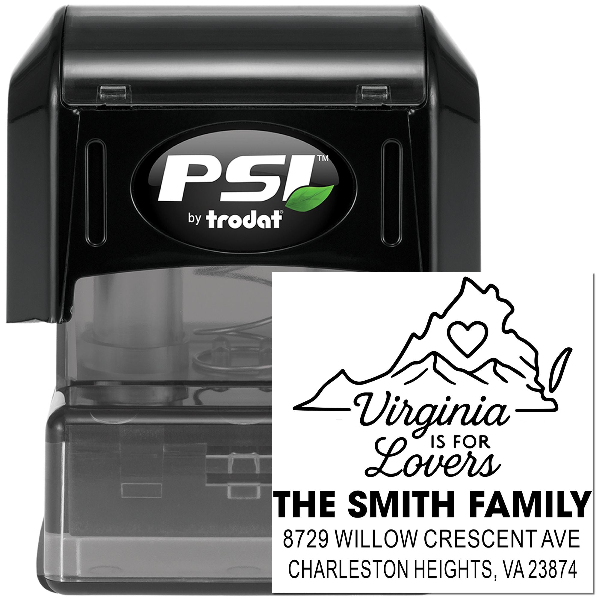PSI by Trodat self-inking custom address stamp with Virginia is for Lovers design and The Smith Family name and address imprint on white background.