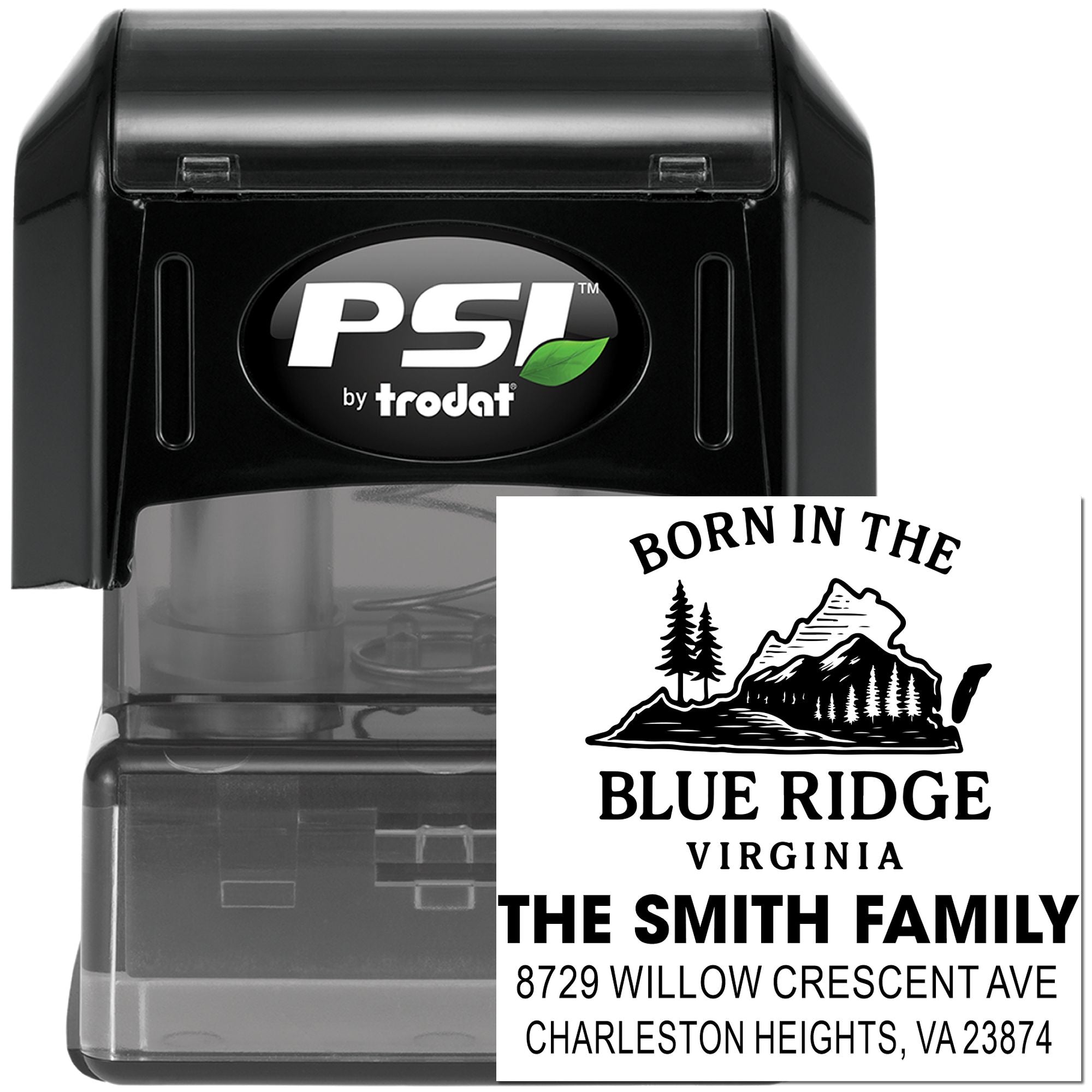 PSI by Trodat personalized self-inking address stamp with Blue Ridge, Virginia mountain logo and The Smith Family imprint.