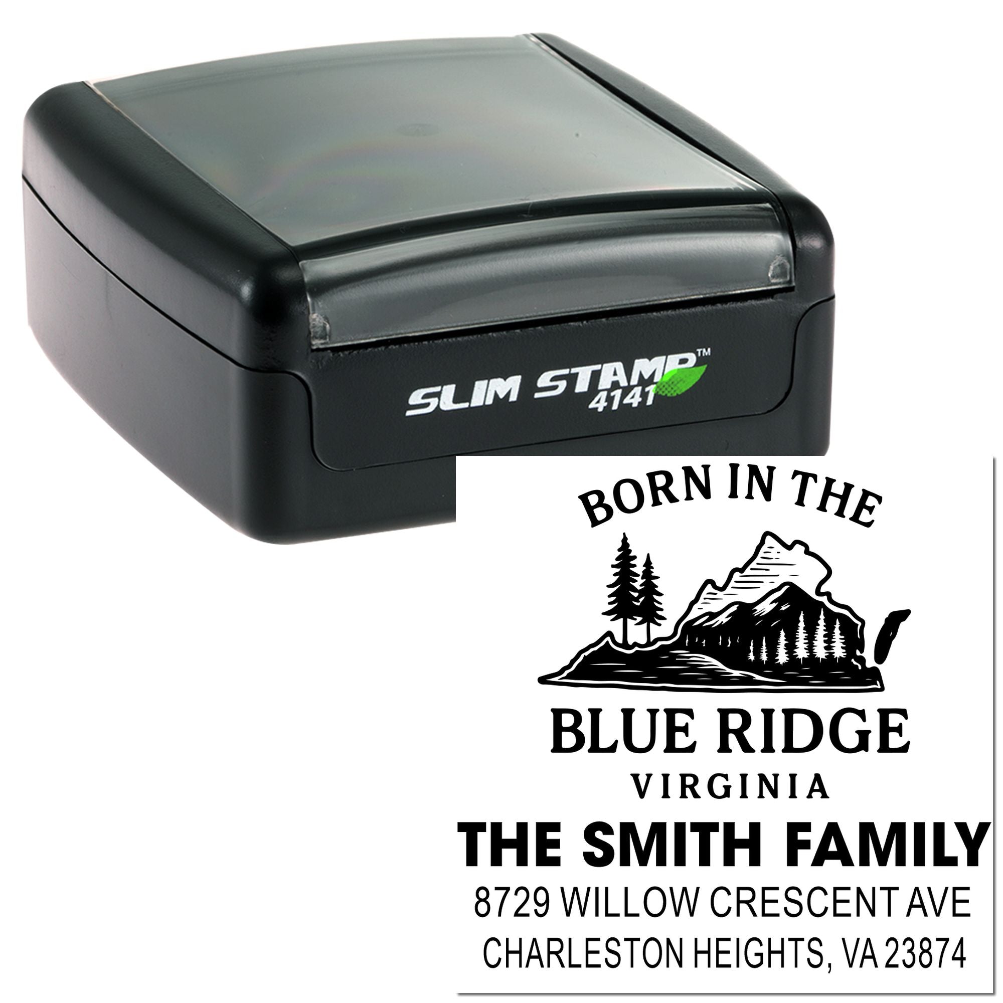 Self-inking Slim Stamp 4141 custom address stamp with Blue Ridge, Virginia mountain logo and The Smith Family text on a white background.
