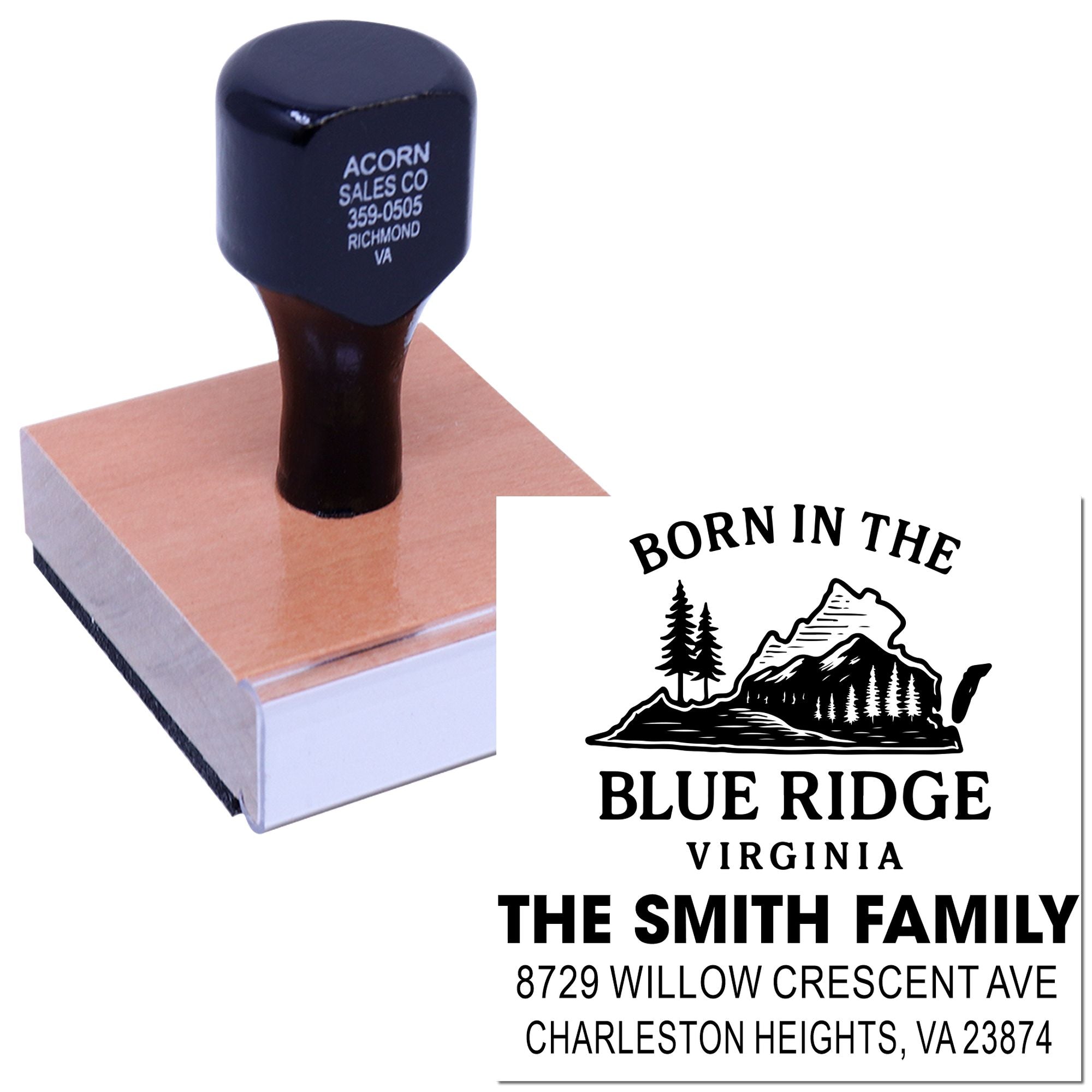 Custom rubber address stamp on wooden handle with Blue Ridge Virginia family design and printed impression on white background.