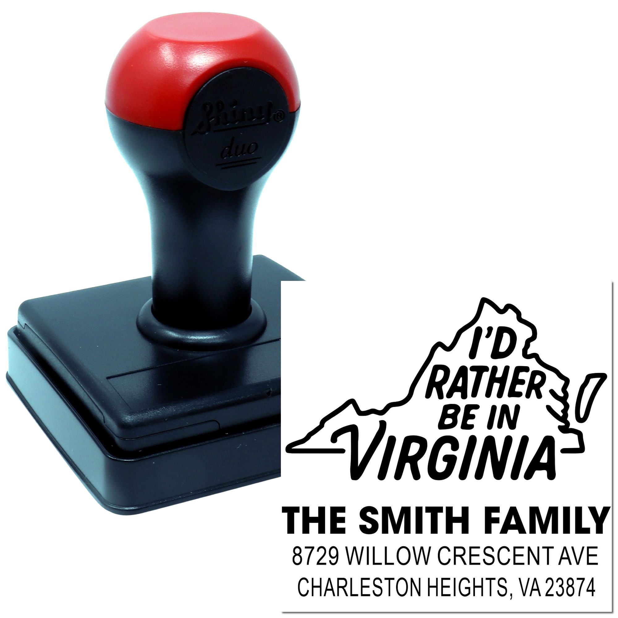 Personalized self-inking address stamp with Virginia outline and Id Rather Be in Virginia design, shown beside black and red stamp base.