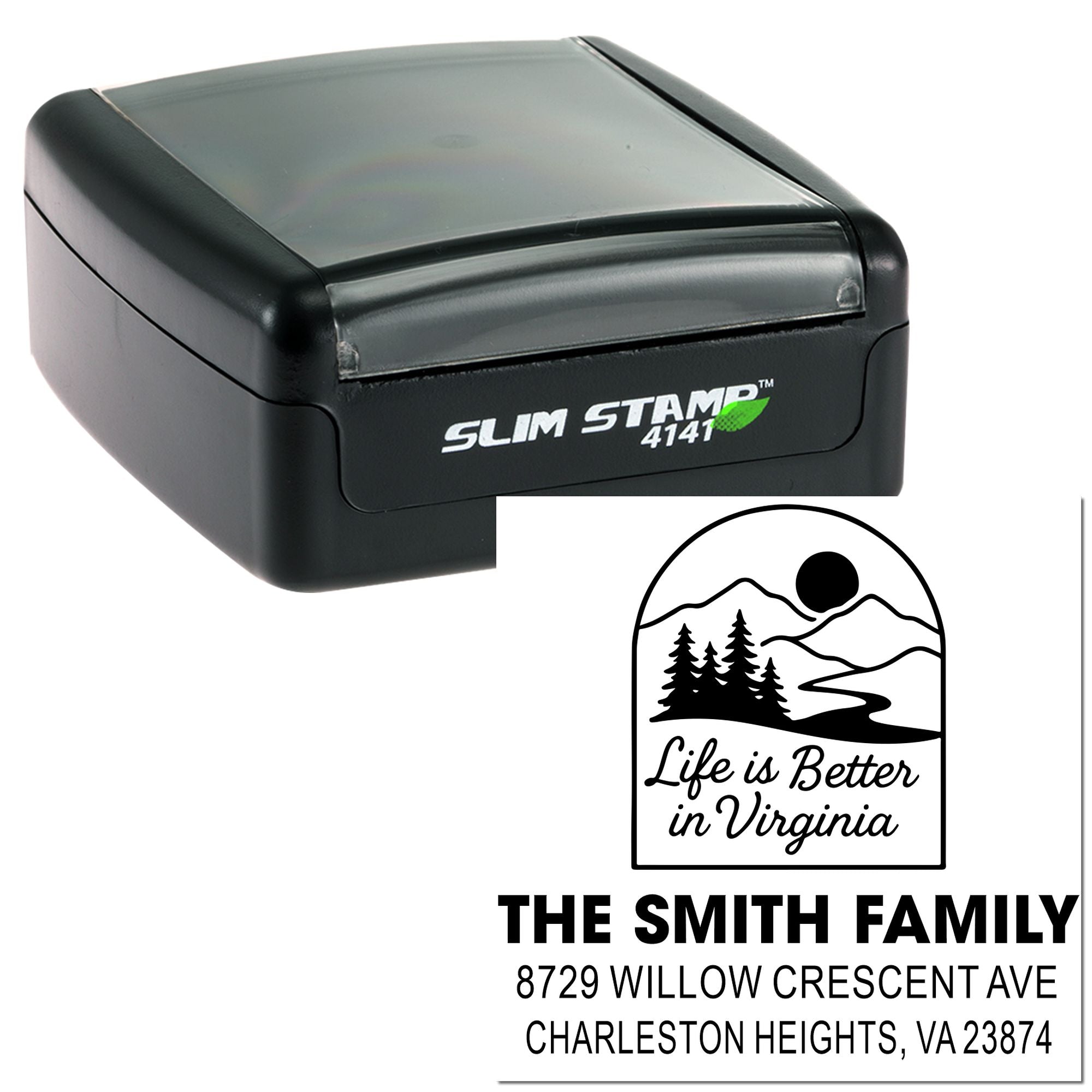 Slim Stamp 4141 custom address stamp with Virginia mountain logo, Smith family name, and Charleston Heights address on white background.