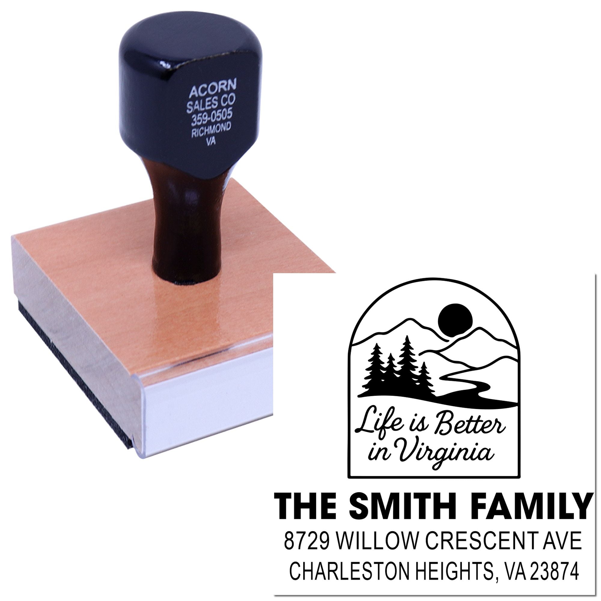 Custom self-inking stamp with Virginia mountain logo, Life is Better in Virginia, and The Smith Family return address on a white background.