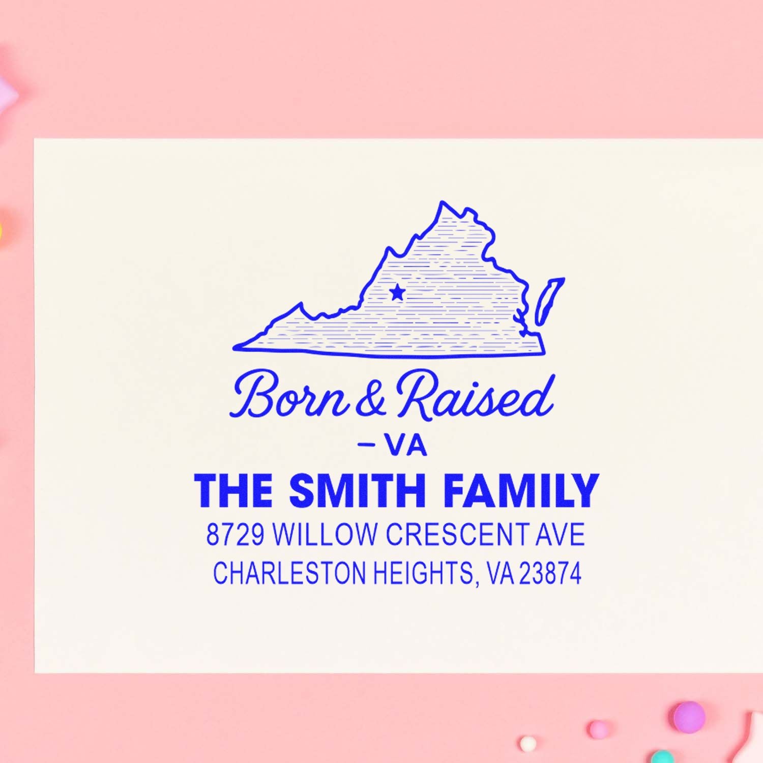 Custom Virginia address stamp with state outline and Born & Raised text for The Smith Family on pink background.