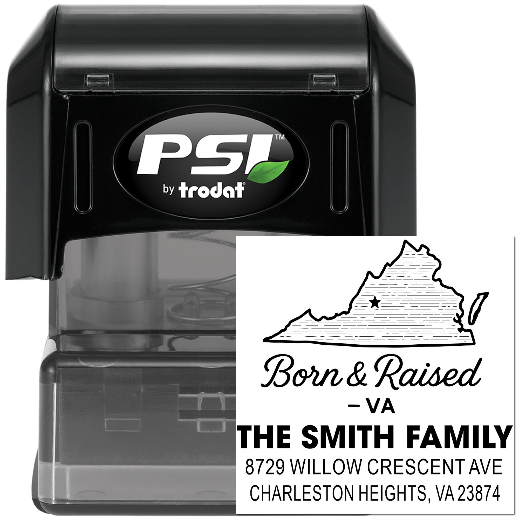 Custom PSI by Trodat self-inking address stamp with Born & Raised - VA design and The Smith Family address on a white background
