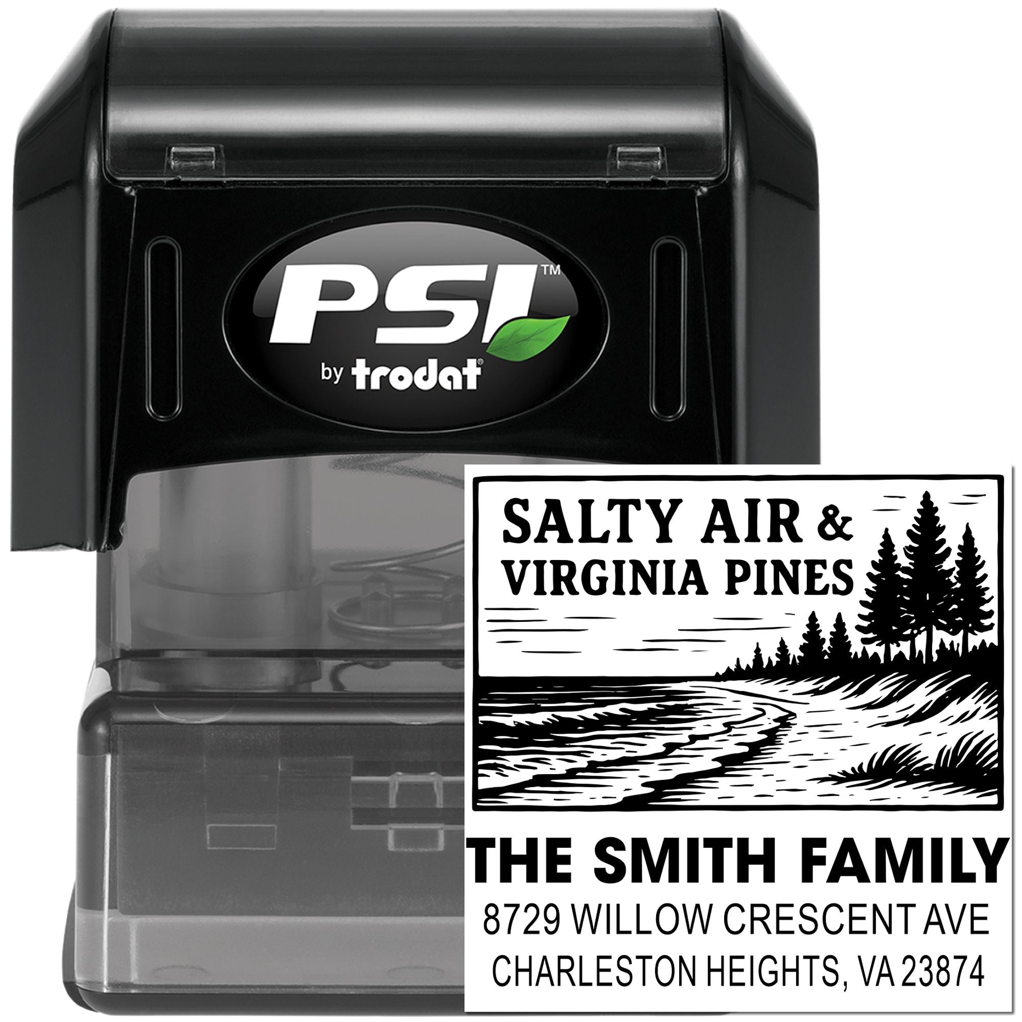 PSI by Trodat self-inking custom address stamp with Salty Air & Virginia Pines design, pine trees, shoreline scene, and Smith family address imprint.