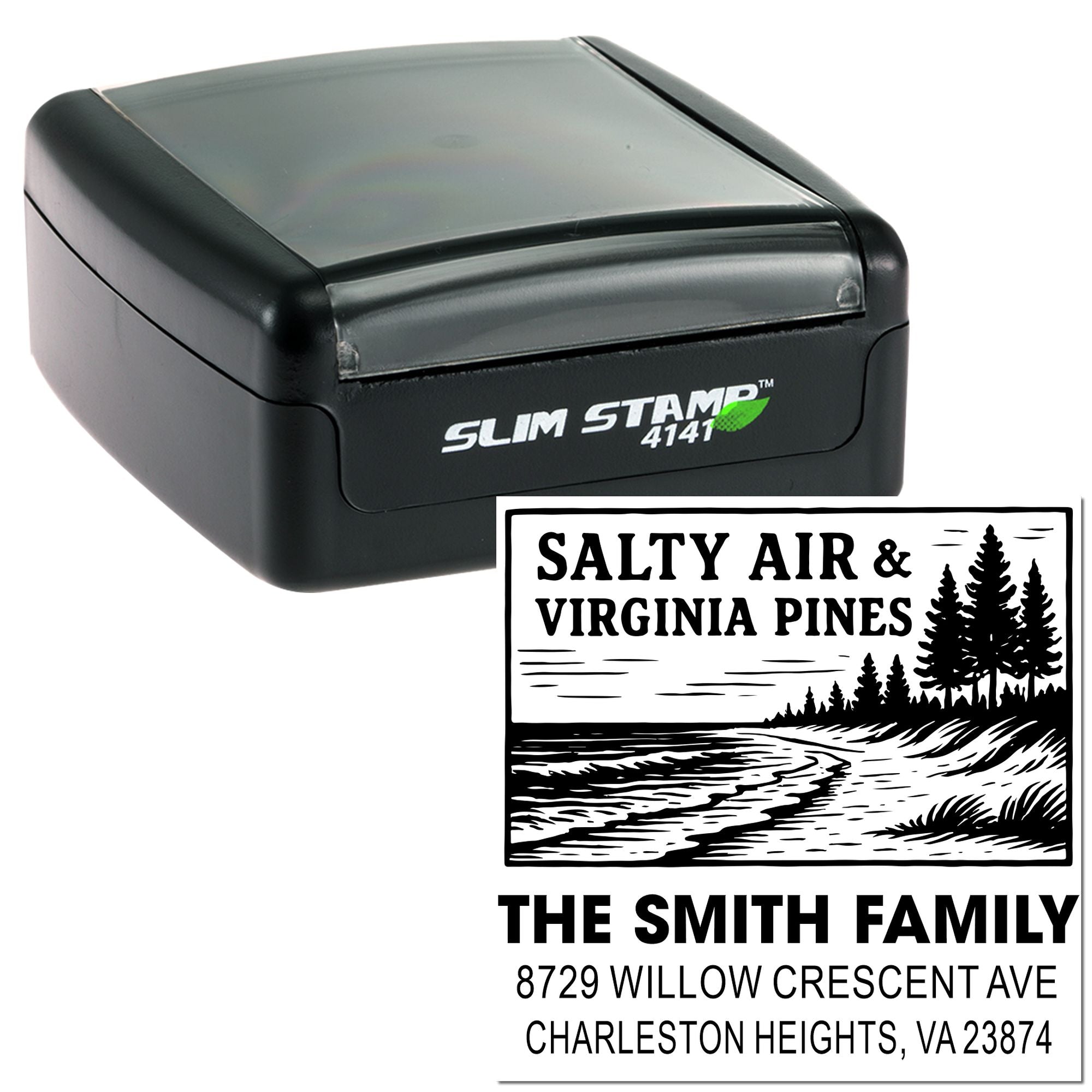 Custom self-inking address stamp with Salty Air & Virginia Pines design, showing tree-and-coastline imprint for The Smith Family, Charleston Heights, VA.
