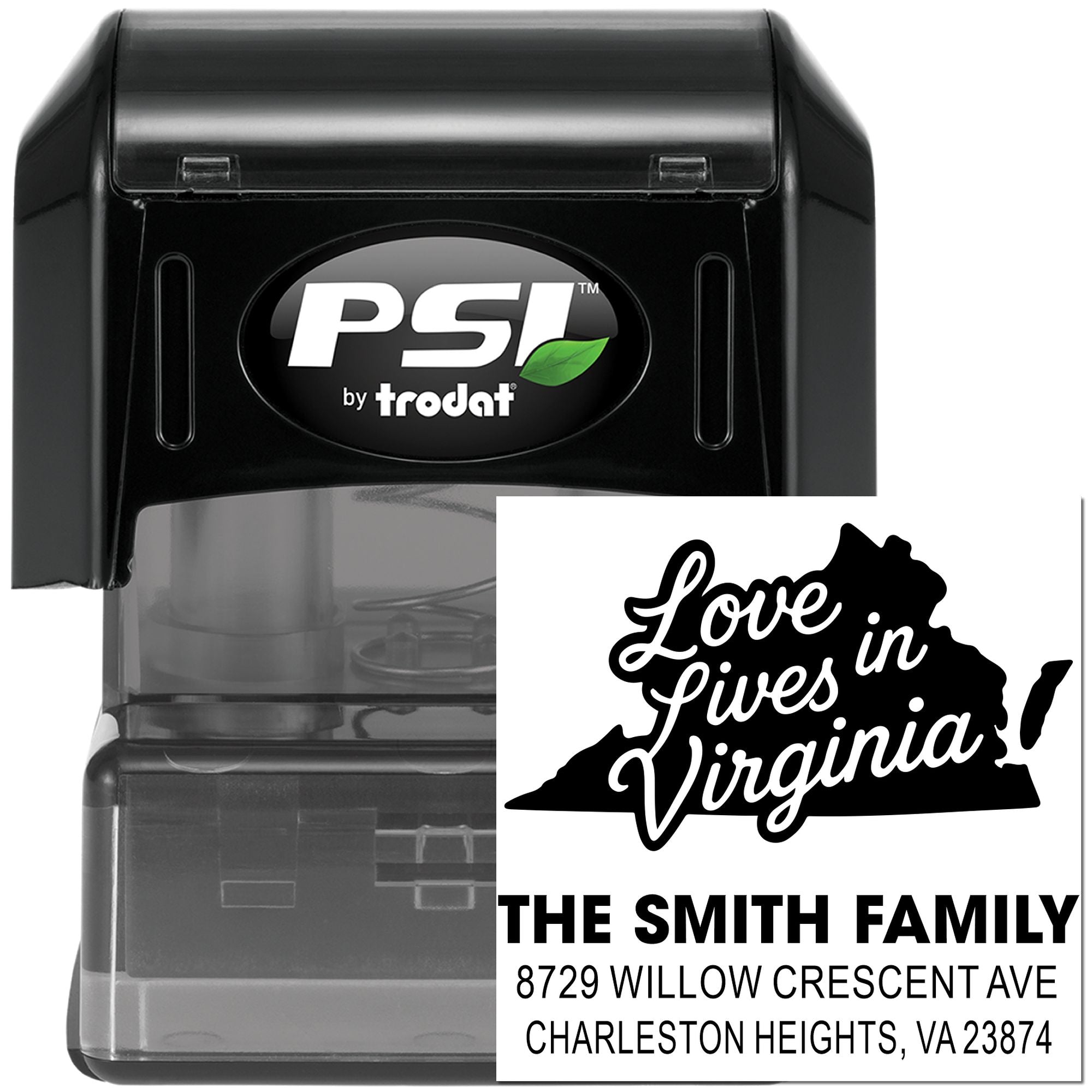 PSI by Trodat self-inking stamp with custom Love Lives in Virginia return address design for The Smith Family.