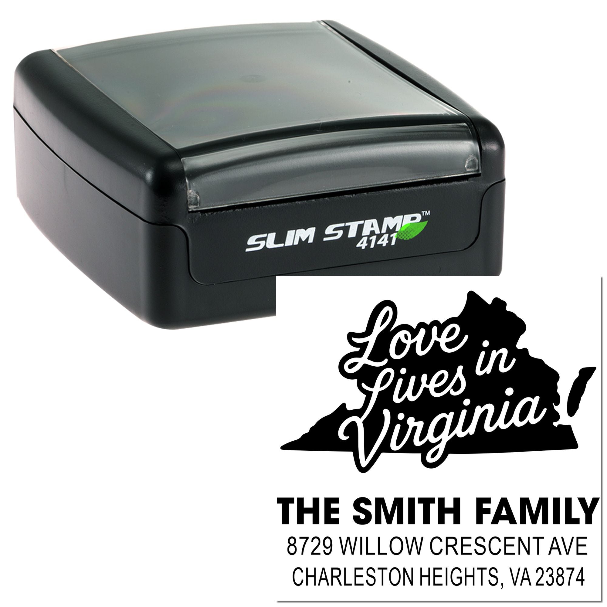 Black self-inking stamp with custom Virginia family address imprint reading Love Lives in Virginia! and The Smith Family return address.
