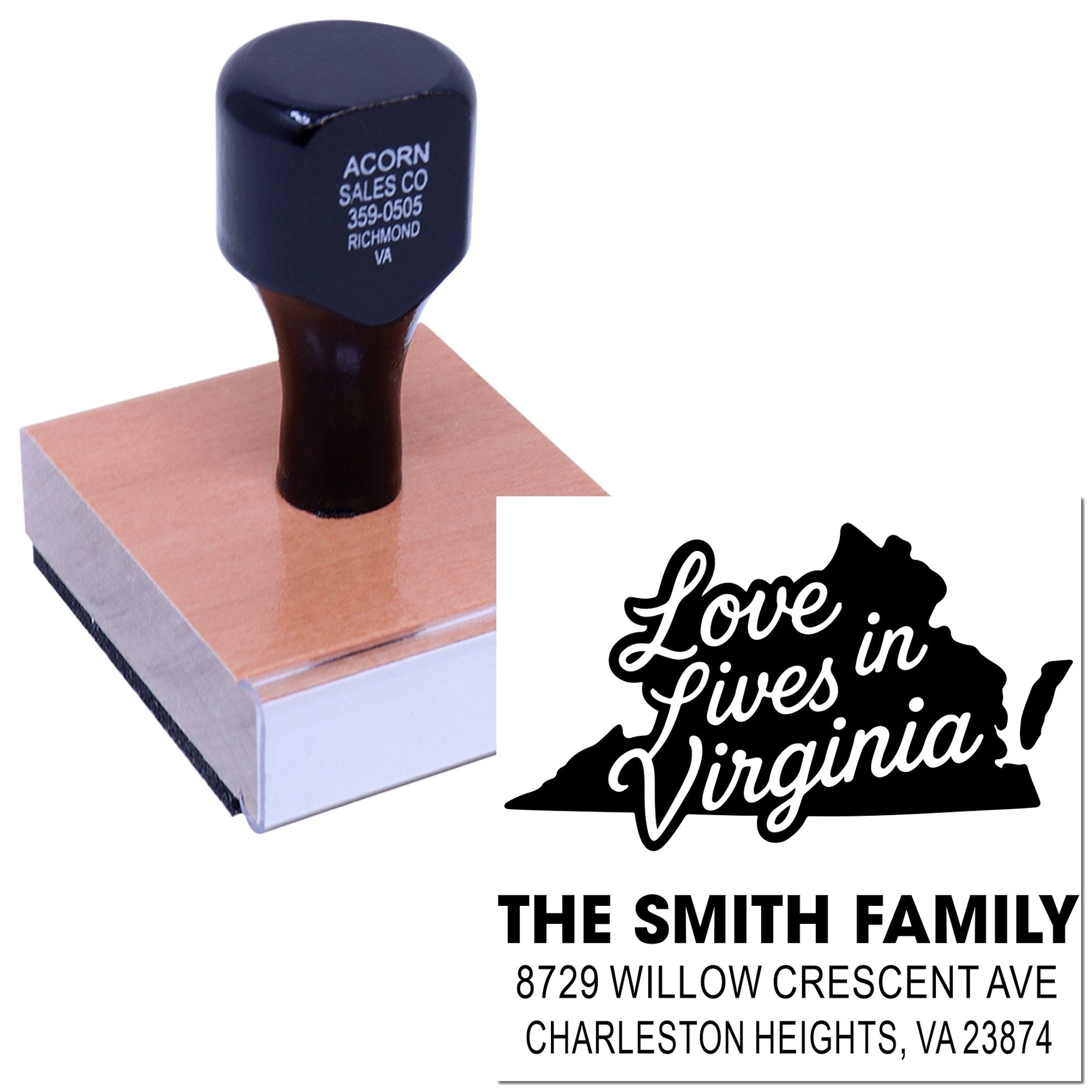 Custom rubber address stamp on wooden mount, showing Love Lives in Virginia! with Virginia silhouette and The Smith Family address.