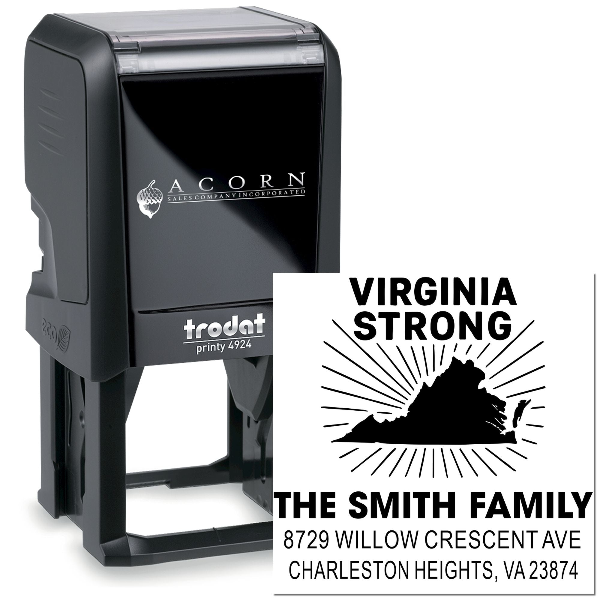 Custom self-inking Trodat stamp with Virginia Strong design, The Smith Family name, and address on a white background.