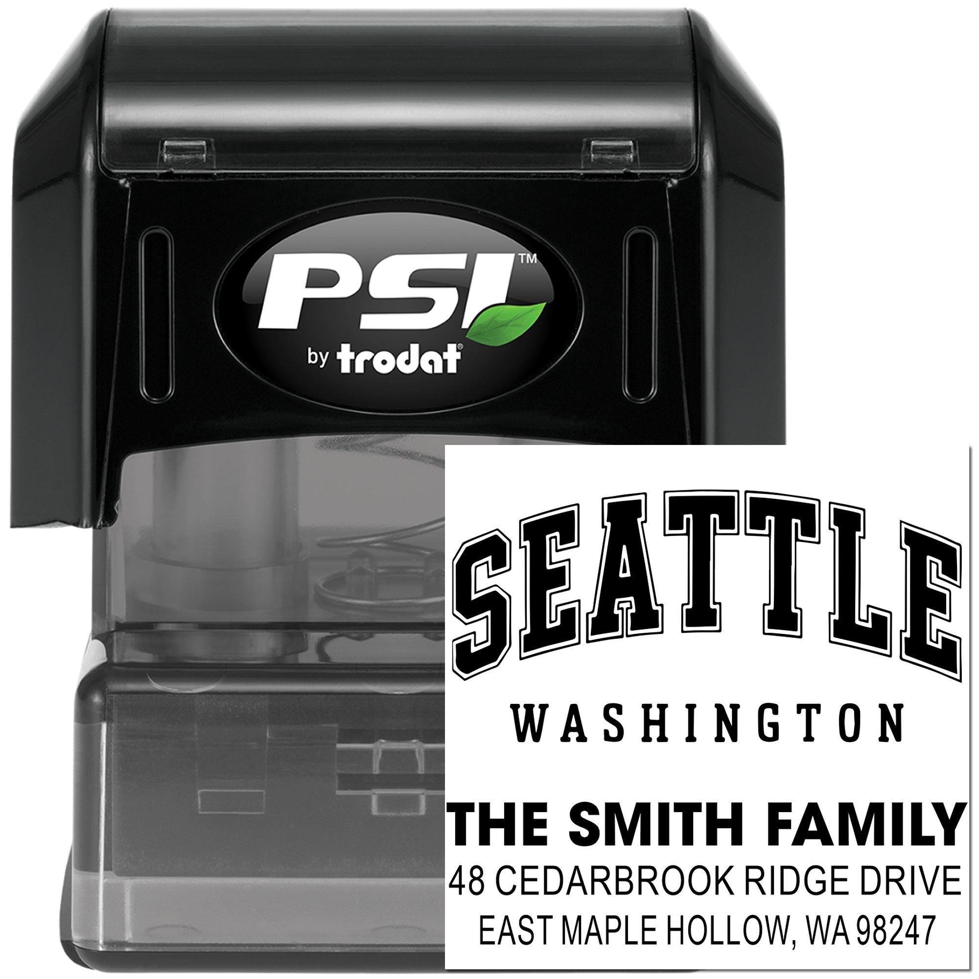 PSI by Trodat self-inking address stamp with Seattle, Washington imprint for The Smith Family and return address details.