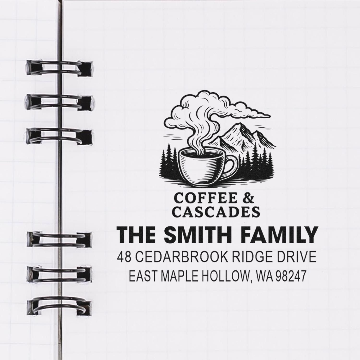 Custom family address stamp with coffee cup and mountain logo, reading Coffee & Cascades and The Smith Family on a notebook page.
