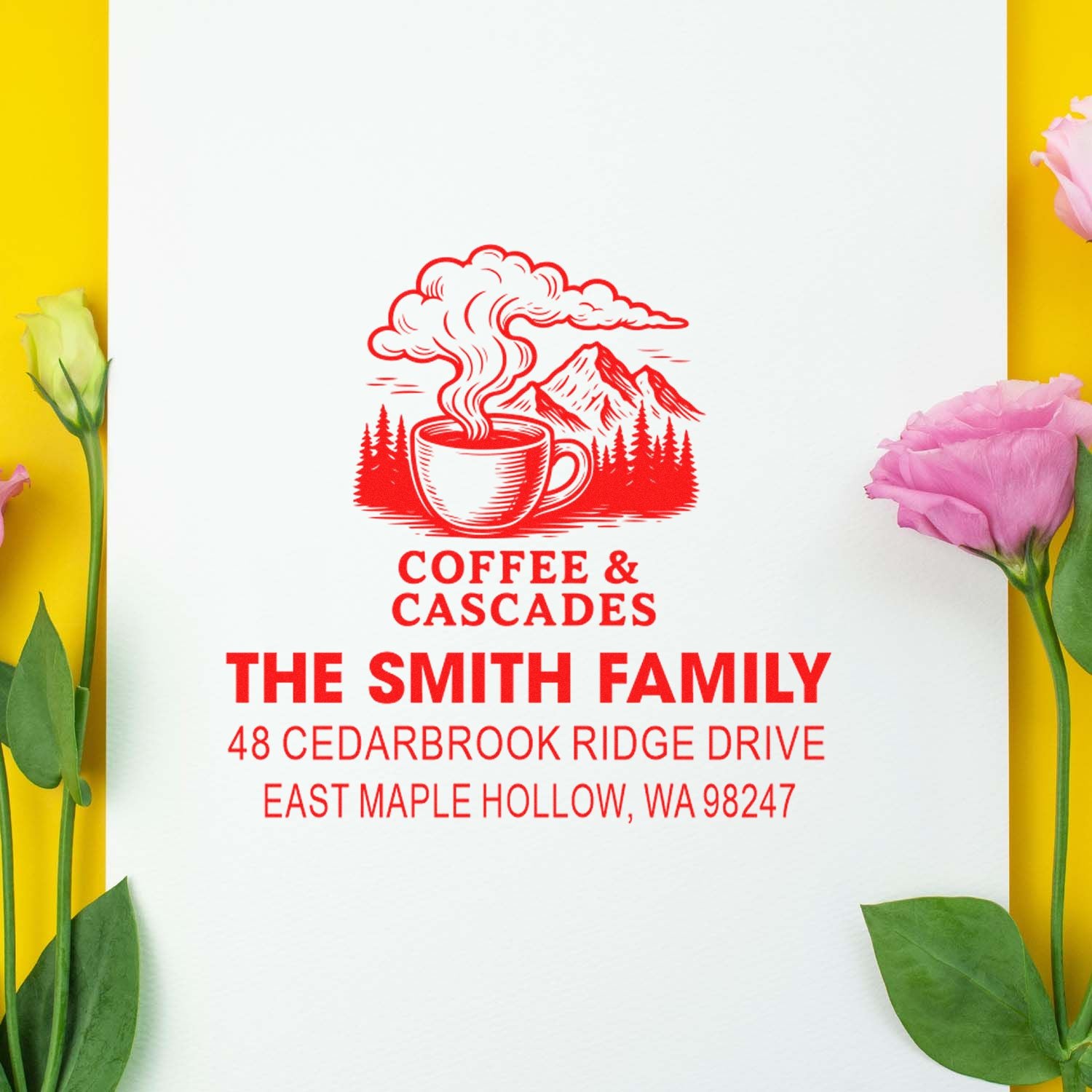 Custom red address stamp for The Smith Family, featuring a steaming coffee cup, mountains, pine trees, and East Maple Hollow, WA address.