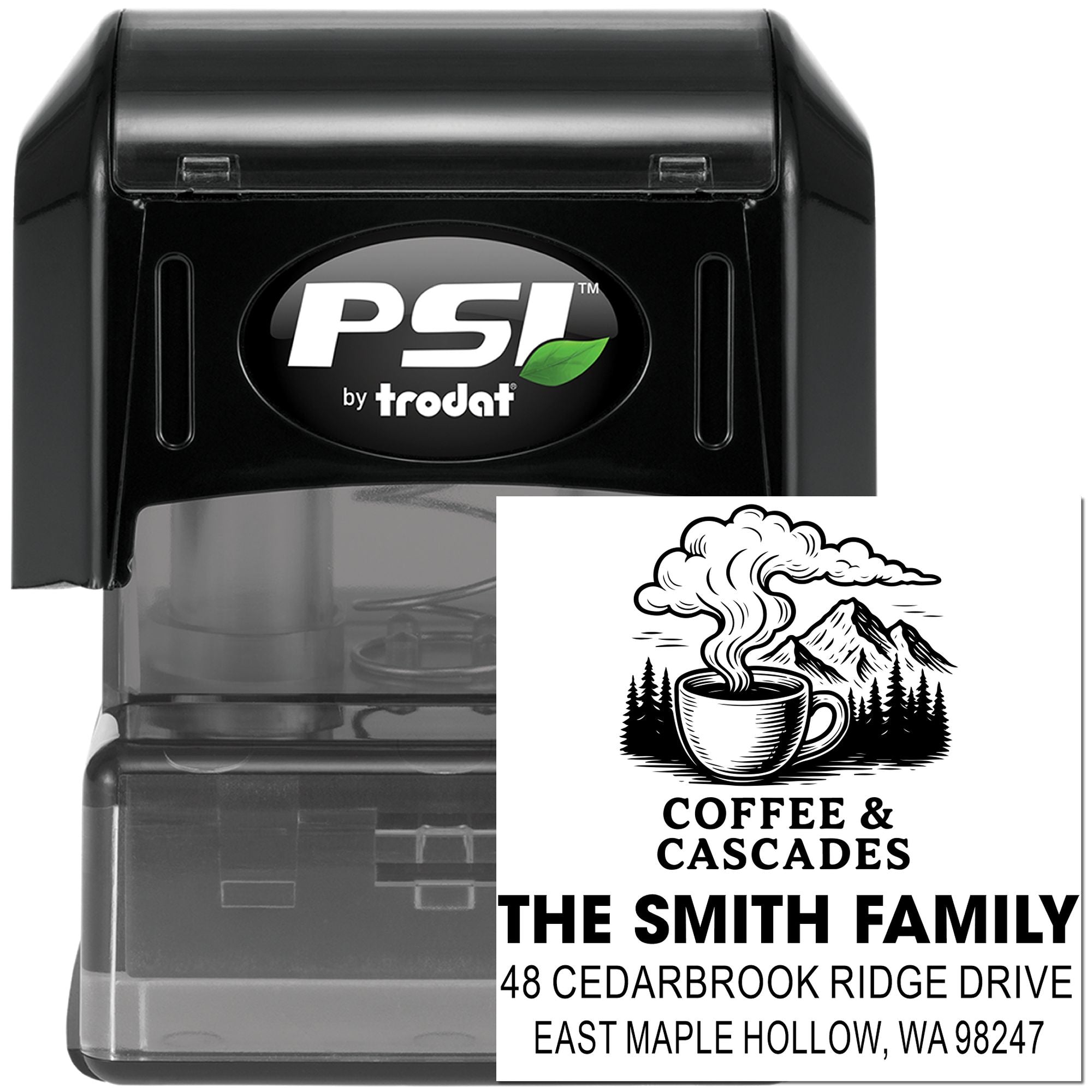 PSI by Trodat self-inking stamp with custom Coffee & Cascades return address imprint, featuring a mountain coffee cup logo and family address.