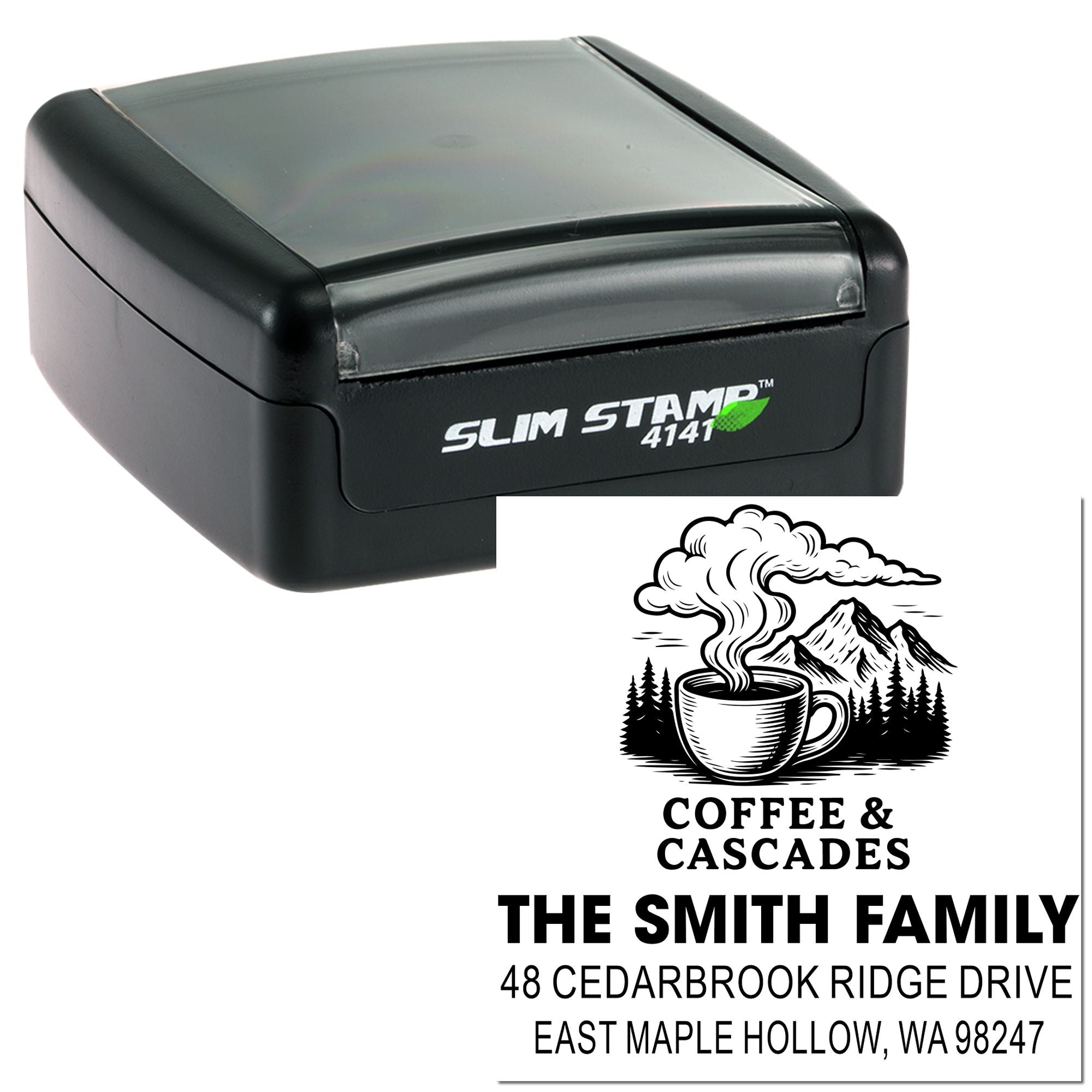 Slim Stamp 4141 self-inking custom address stamp with coffee-and-mountains logo, The Smith Family name, and East Maple Hollow, WA address.