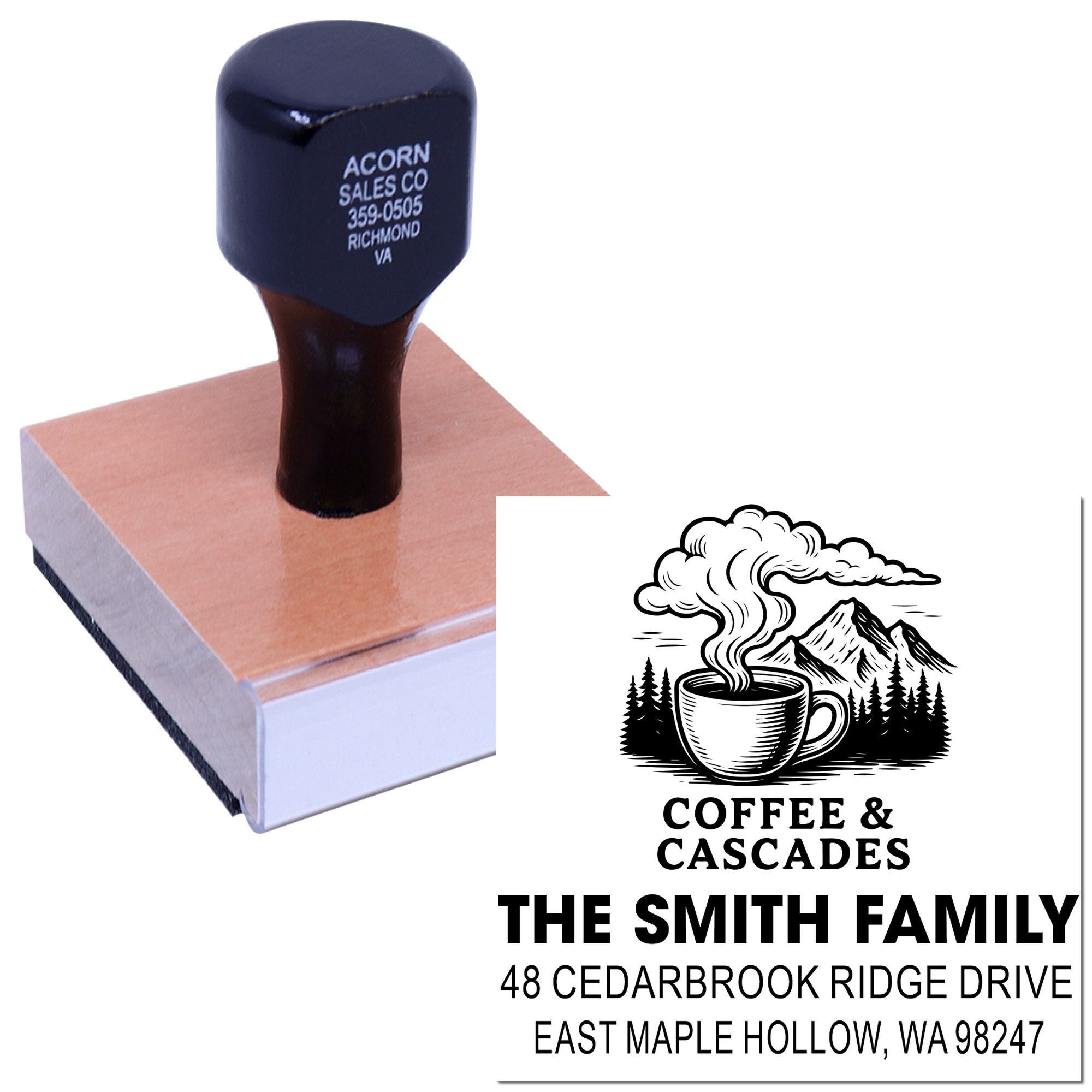 Custom rubber stamp imprinting a Coffee & Cascades family address design on a wooden block, with coffee cup and mountain logo.