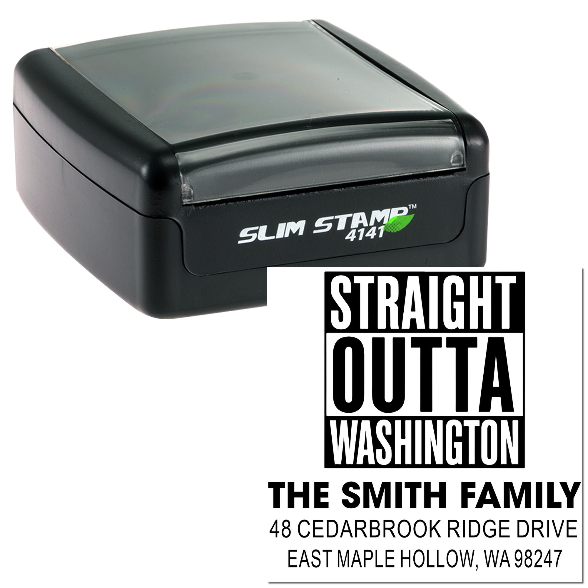 Slim Stamp 4141 self-inking address stamp featuring Straight Outta Washington design for The Smith Family, East Maple Hollow, WA.