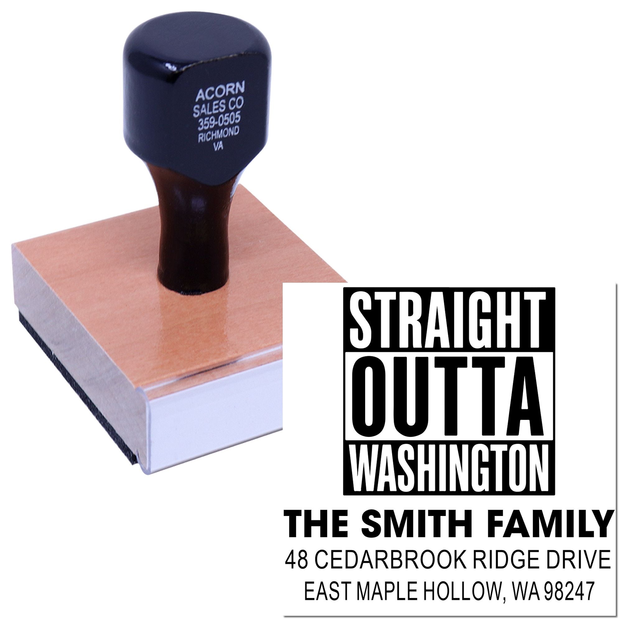Straight Outta Washington custom self-inking address stamp on white background, with black rubber stamp and sample imprint for The Smith Family.
