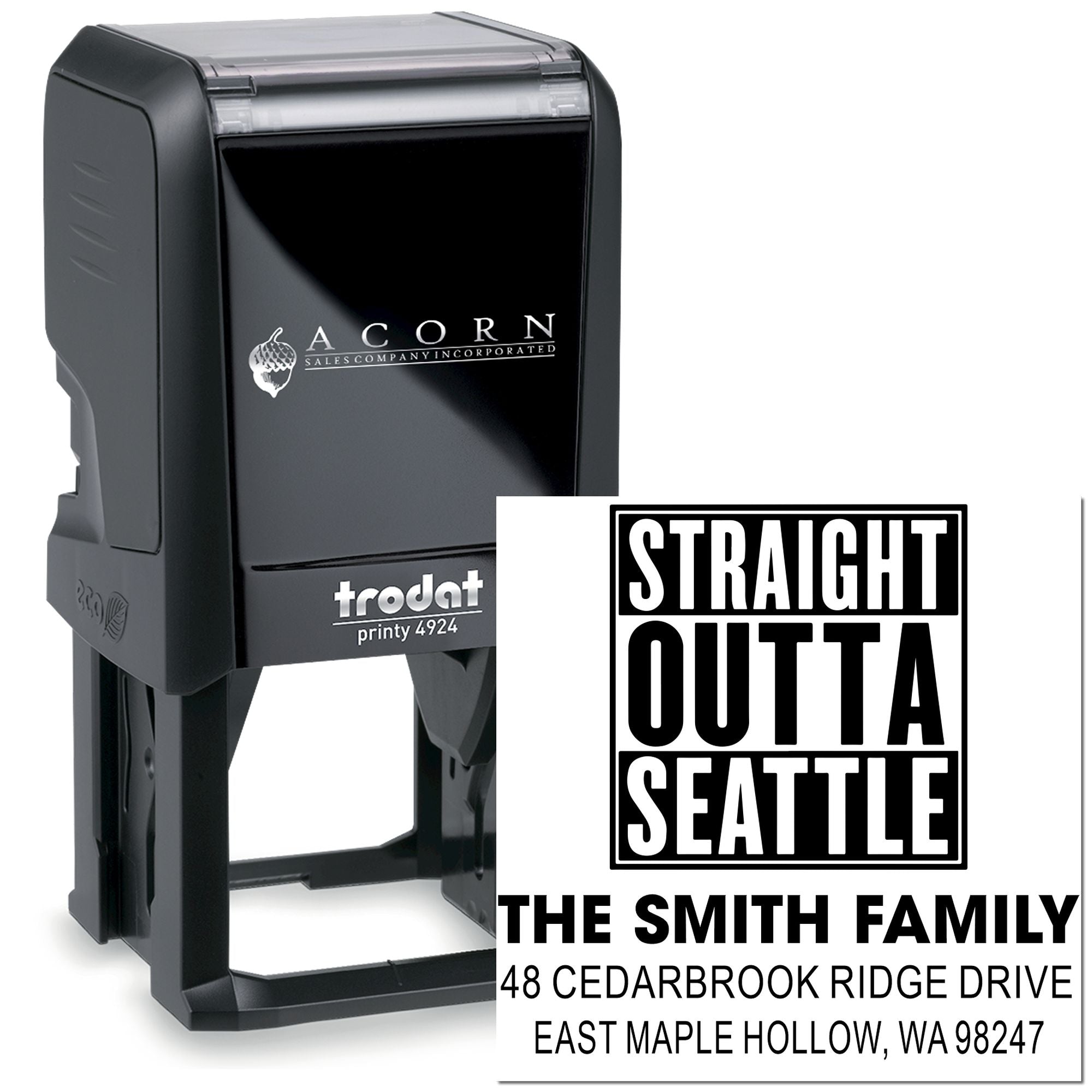 Personalized self-inking Trodat address stamp with Straight Outta Seattle design for The Smith Family on white background.
