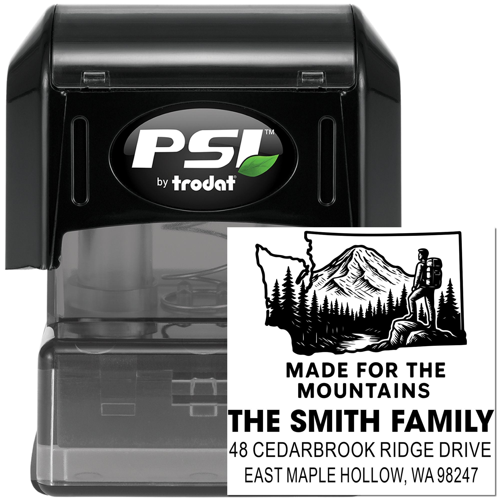 PSI by Trodat self-inking custom address stamp with mountain hiking design and family name, shown on a white background with sample imprint.