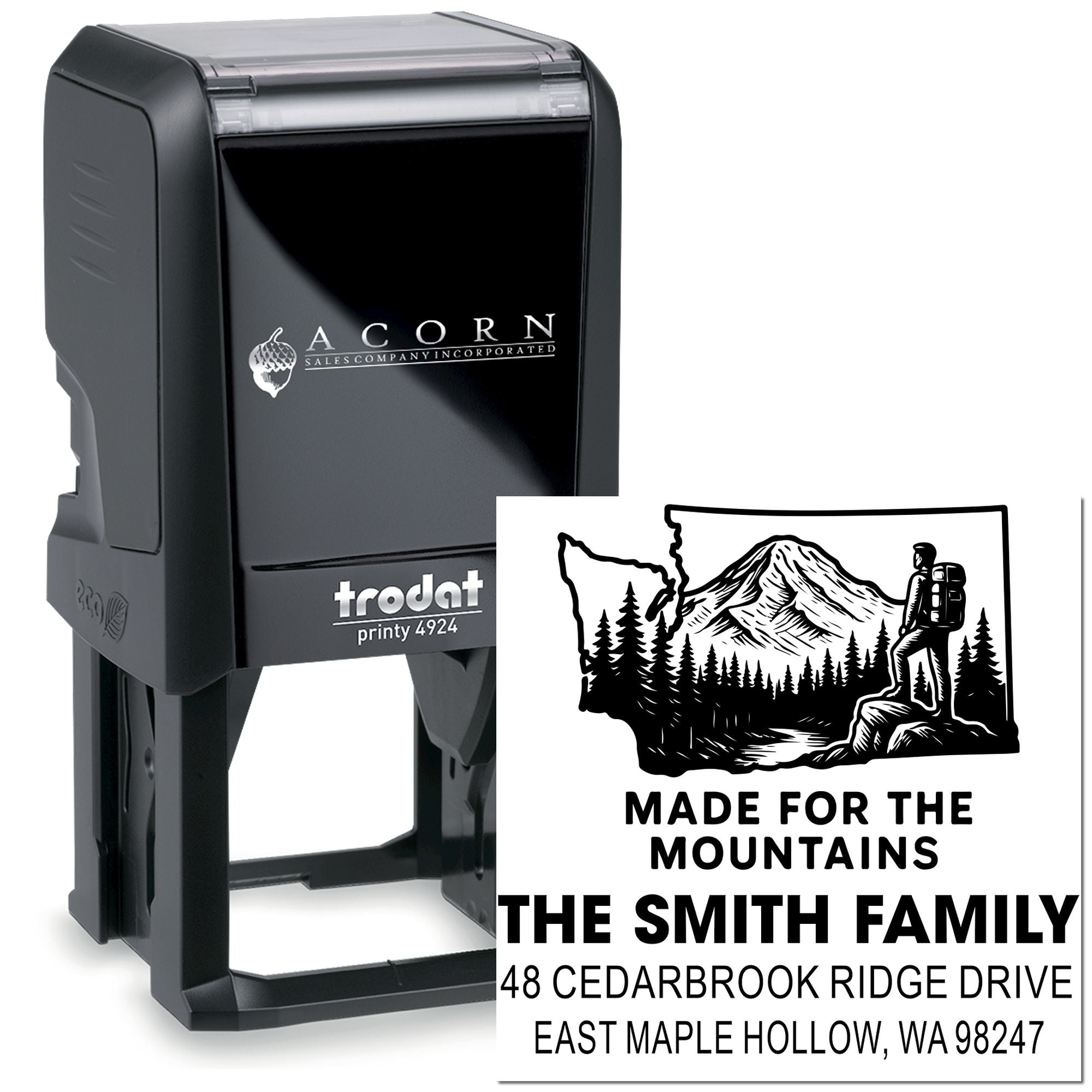 Custom self-inking address stamp with mountain hiker design, Made for the Mountains, The Smith Family and WA address, Trodat Printy 4924.