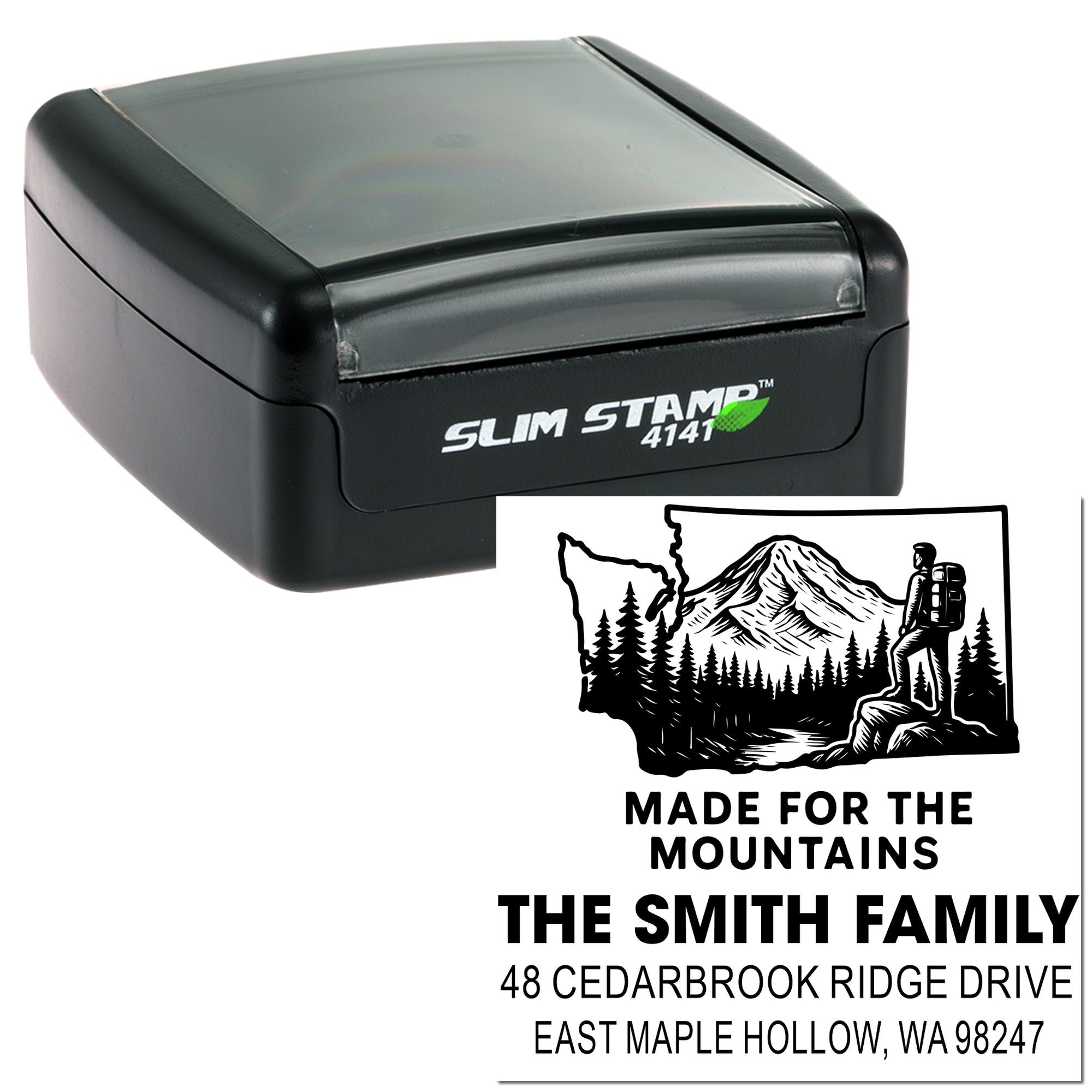 Slim Stamp 4141 self-inking custom family address stamp with mountain hiker design, trees, and personalized text on a white background.