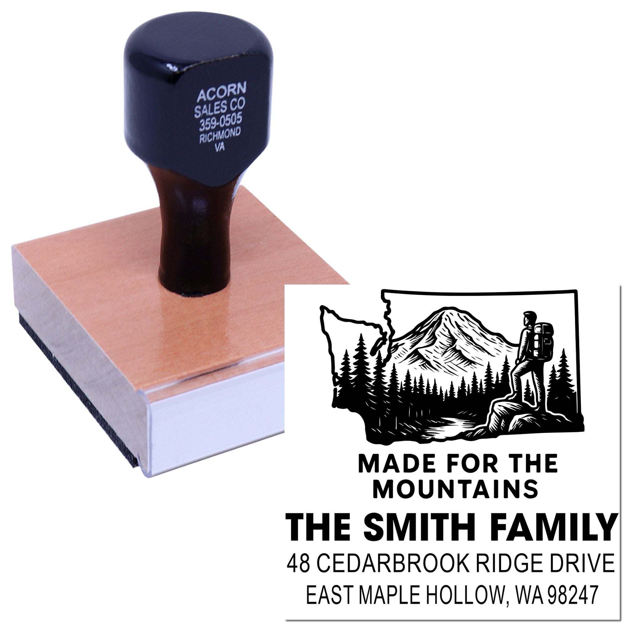 Custom self-inking address stamp on wooden block, showing mountain hiker design and The Smith Family return address imprint.