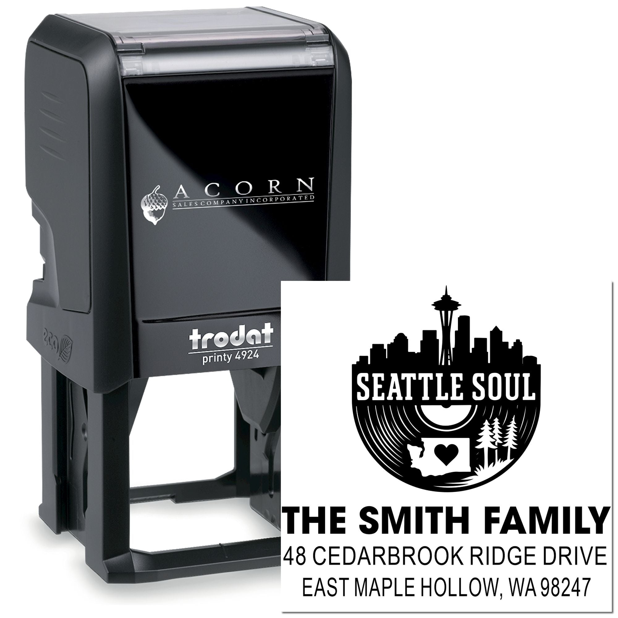 Custom self-inking Trodat Printy stamp with Seattle Soul skyline design and The Smith Family address imprint on a white background.