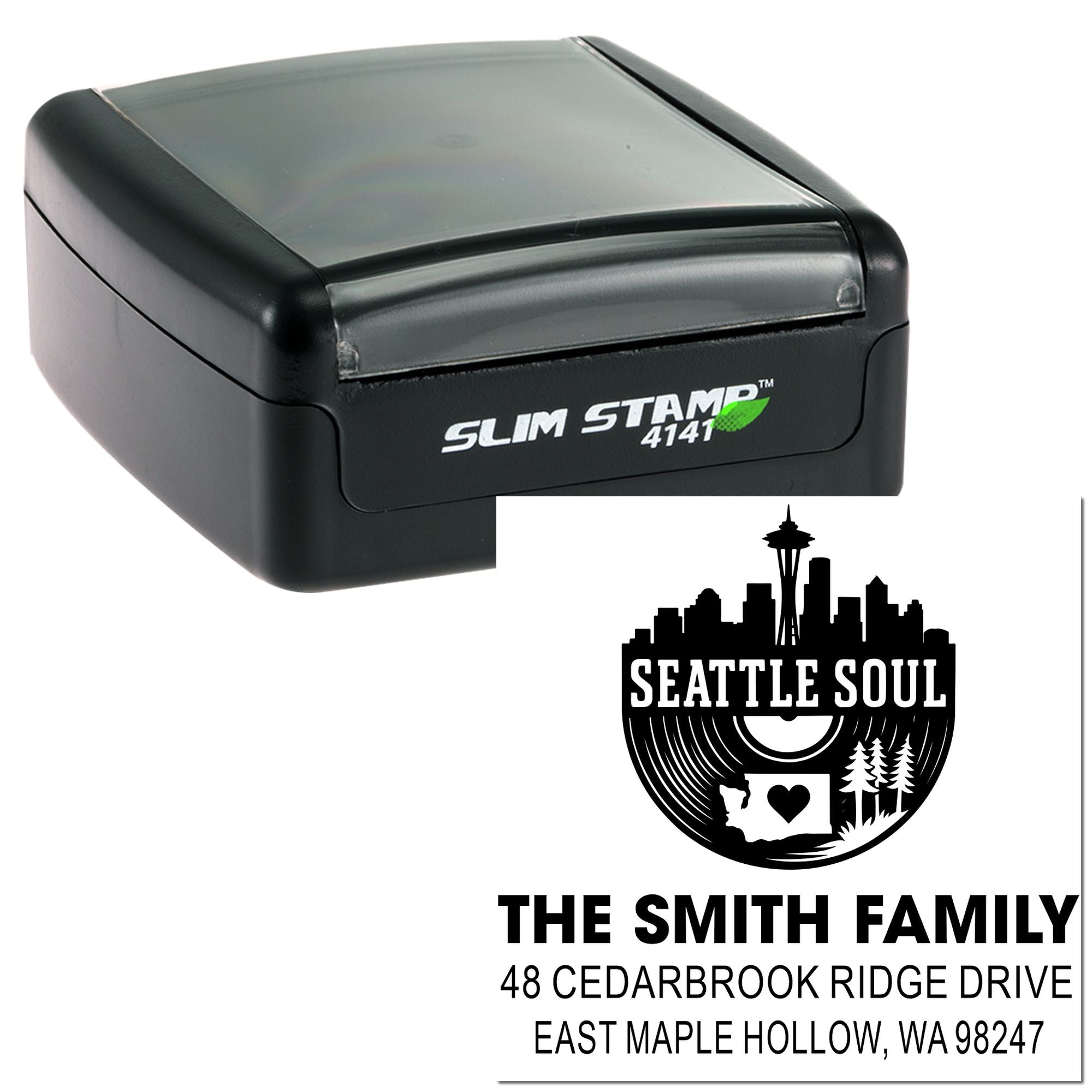 Custom Slim Stamp 4141 with Seattle Soul skyline and The Smith Family address imprint for mailing and return labels
