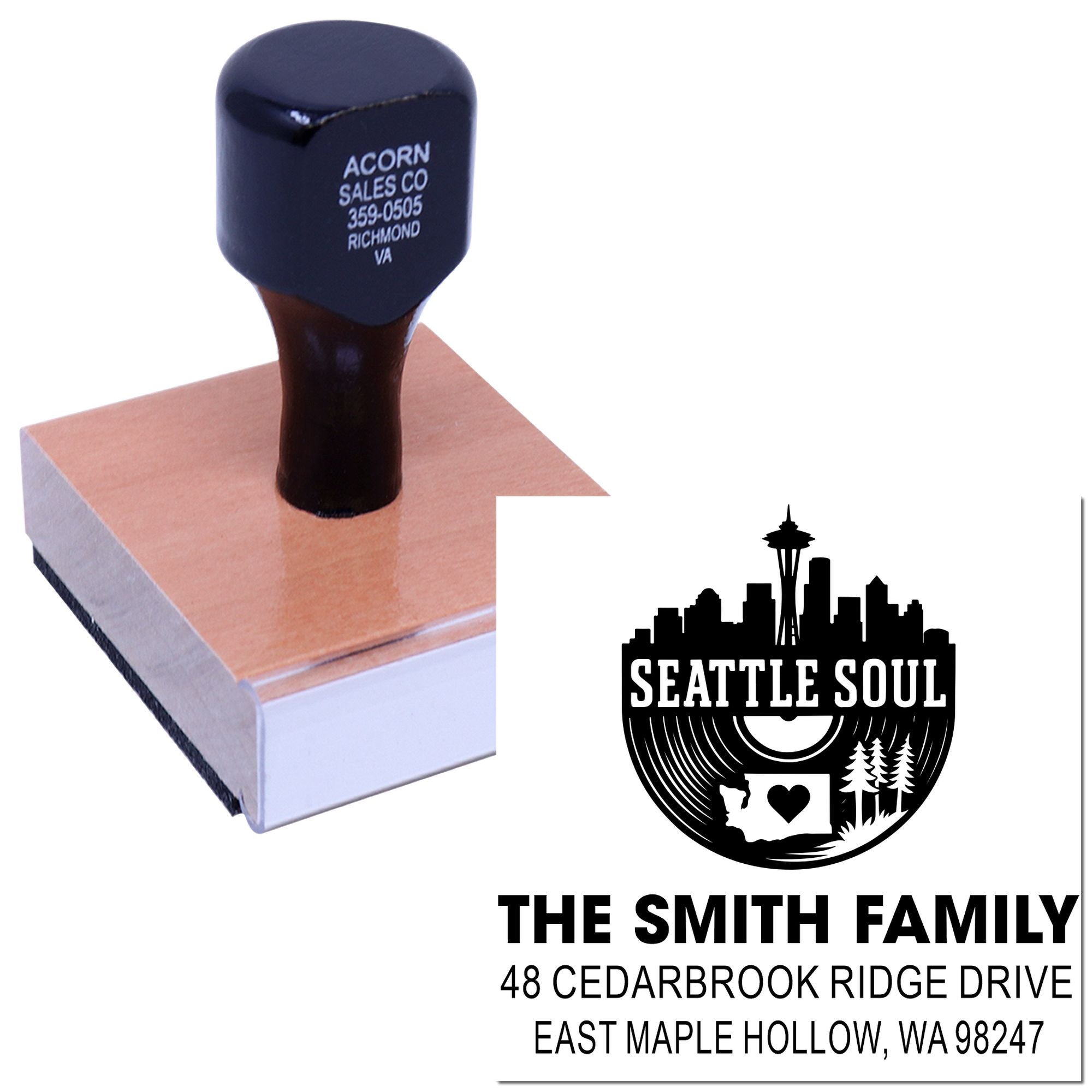 Custom rubber address stamp on wooden mount with Seattle Soul skyline design and The Smith Family return address, shown on a white background.
