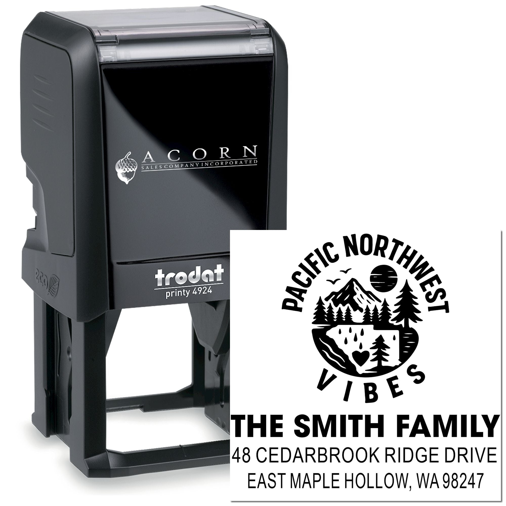 Black Trodat self-inking custom address stamp with Pacific Northwest Vibes mountain forest design for The Smith Family