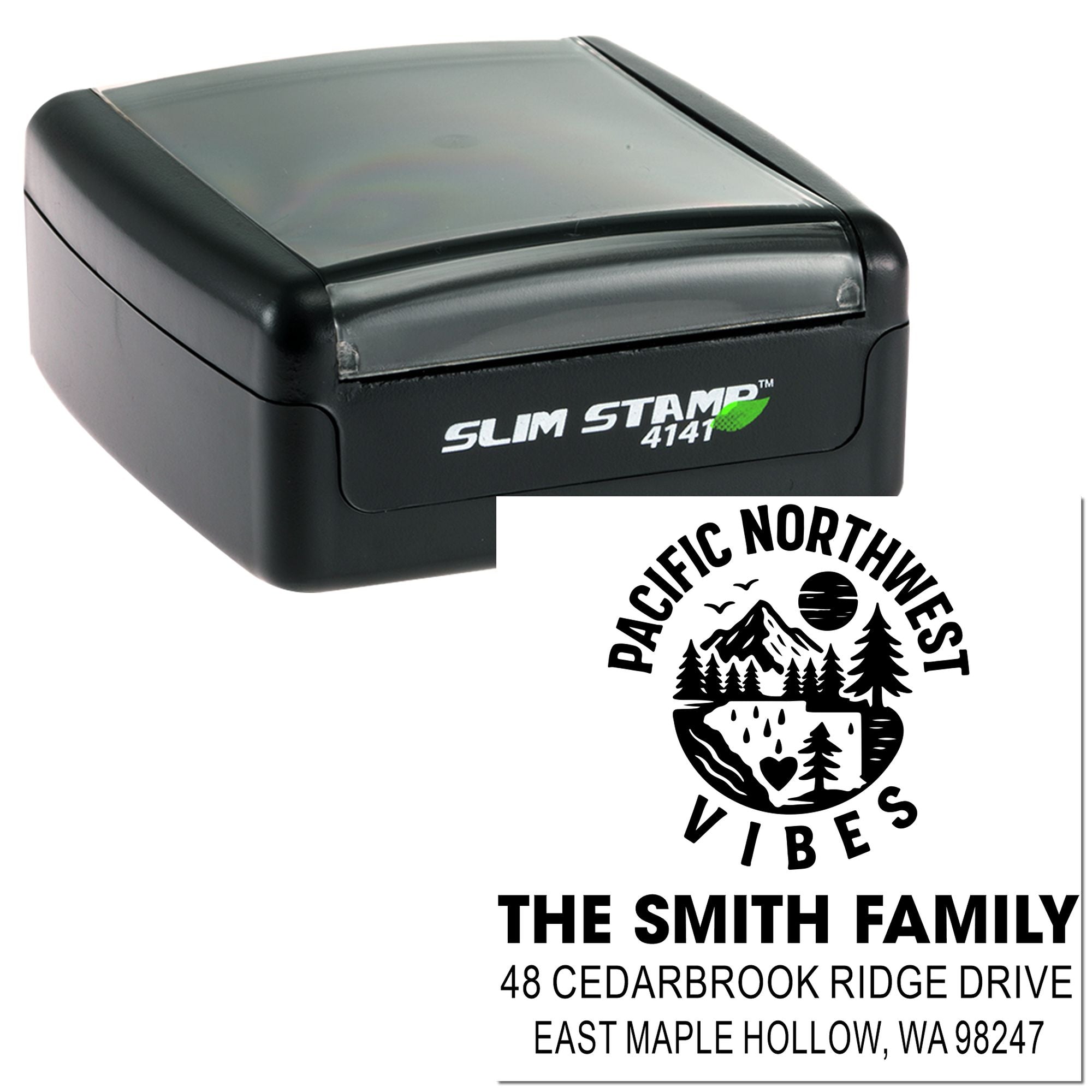 Custom self-inking Slim Stamp with Pacific Northwest Vibes family address design and forest emblem on a white background.