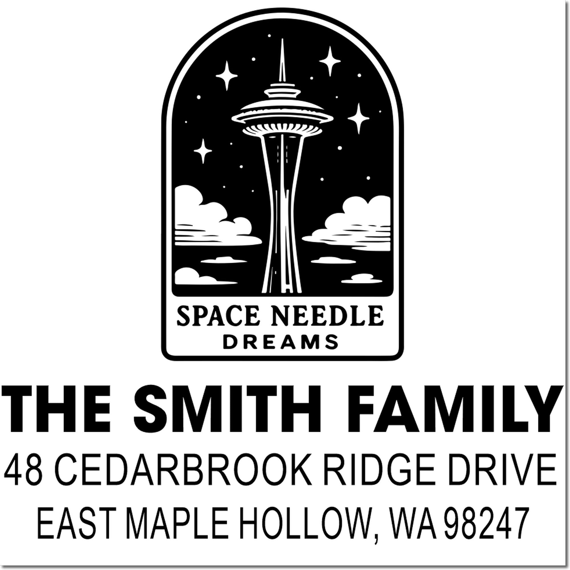 Custom return address stamp featuring Space Needle Dreams skyline design and The Smith Family address, East Maple Hollow, WA.