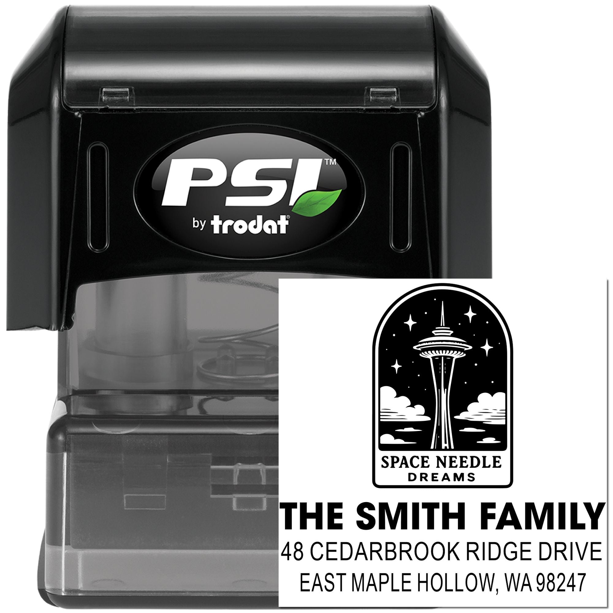 PSI by Trodat self-inking custom address stamp with Space Needle Dreams design and Smith family address on a black stamp case, isolated on white.