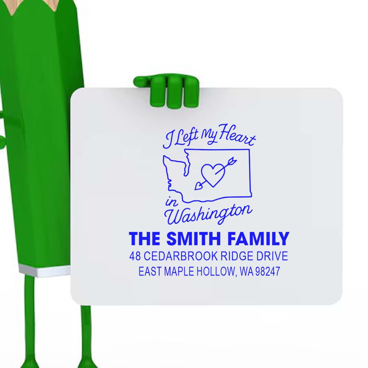 Personalized return address stamp with Washington state heart design for The Smith Family, shown on a white background with a green cactus mascot.