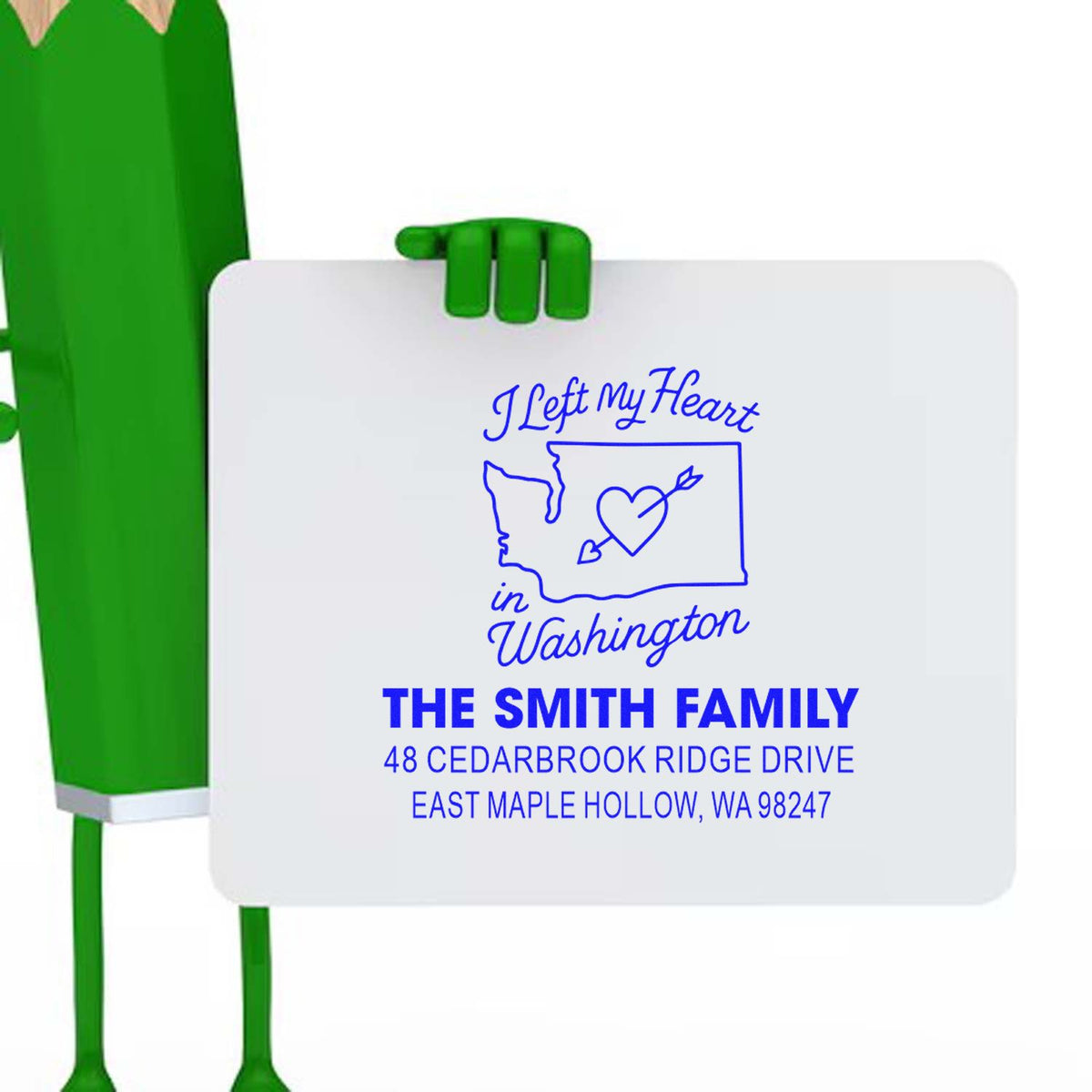 Personalized return address stamp with I Left My Heart in Washington design, Washington state outline, heart arrow graphic, and The Smith Family address.