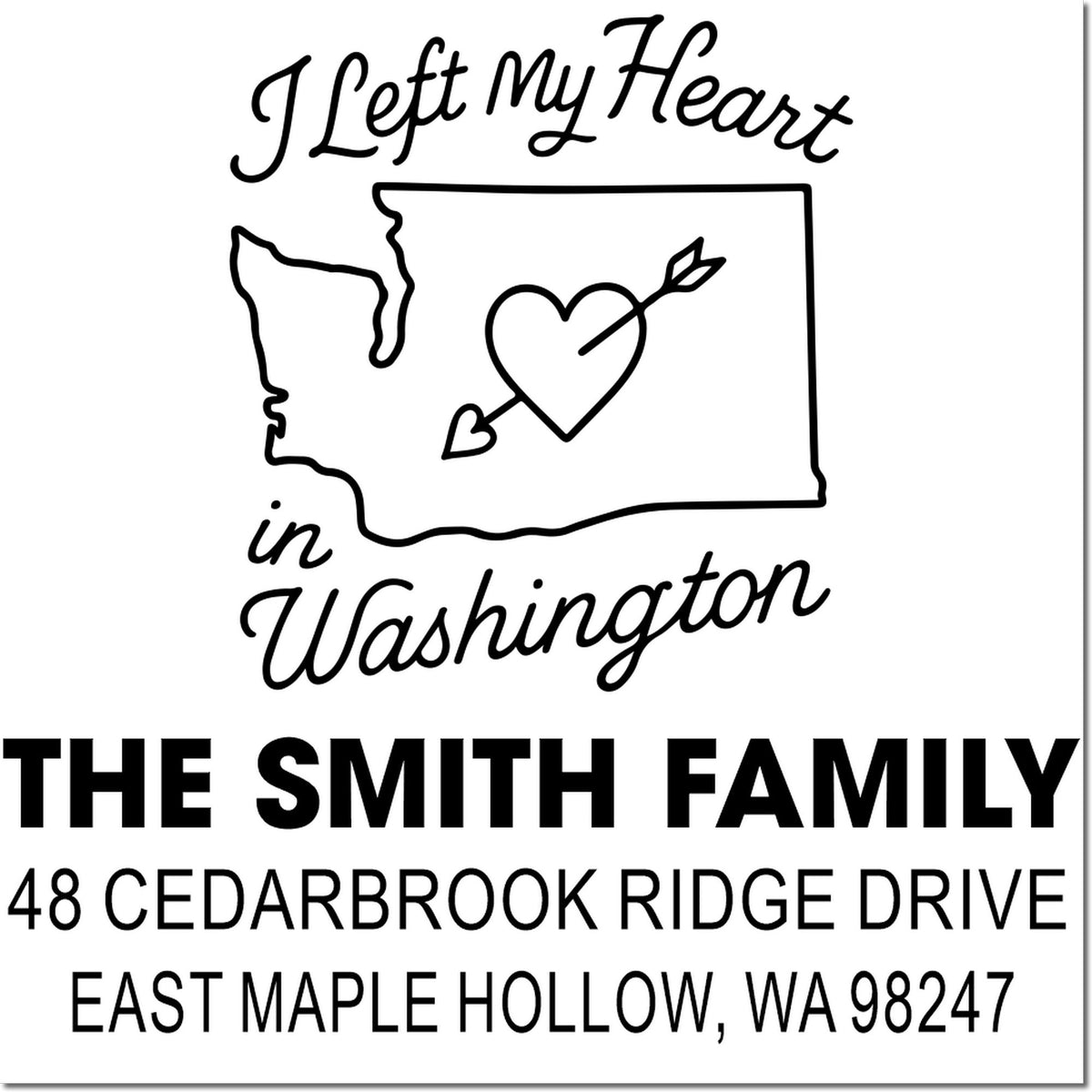 Custom return address stamp with Washington state outline and heart arrow, personalized for The Smith Family in East Maple Hollow, WA.